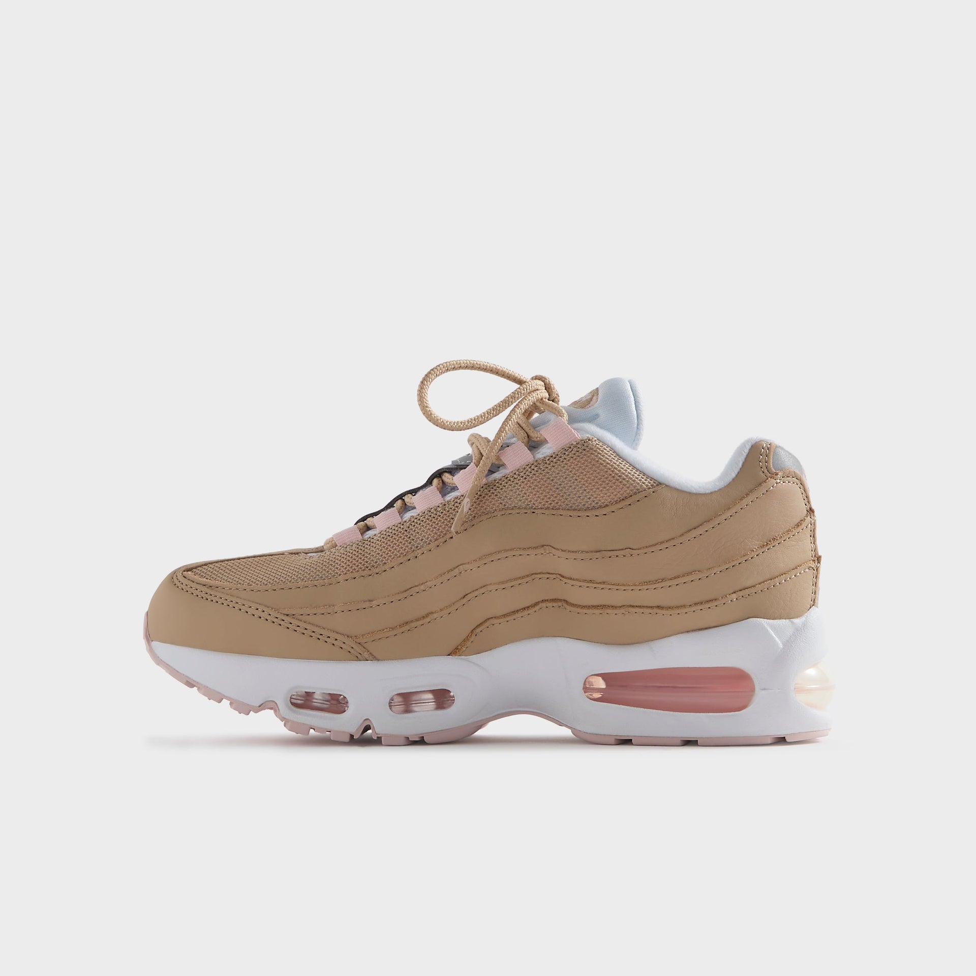 Kith Kids x Nike GS Air Max 95 Linen, wheat linen suede and mesh with pink Air units, studio side profile