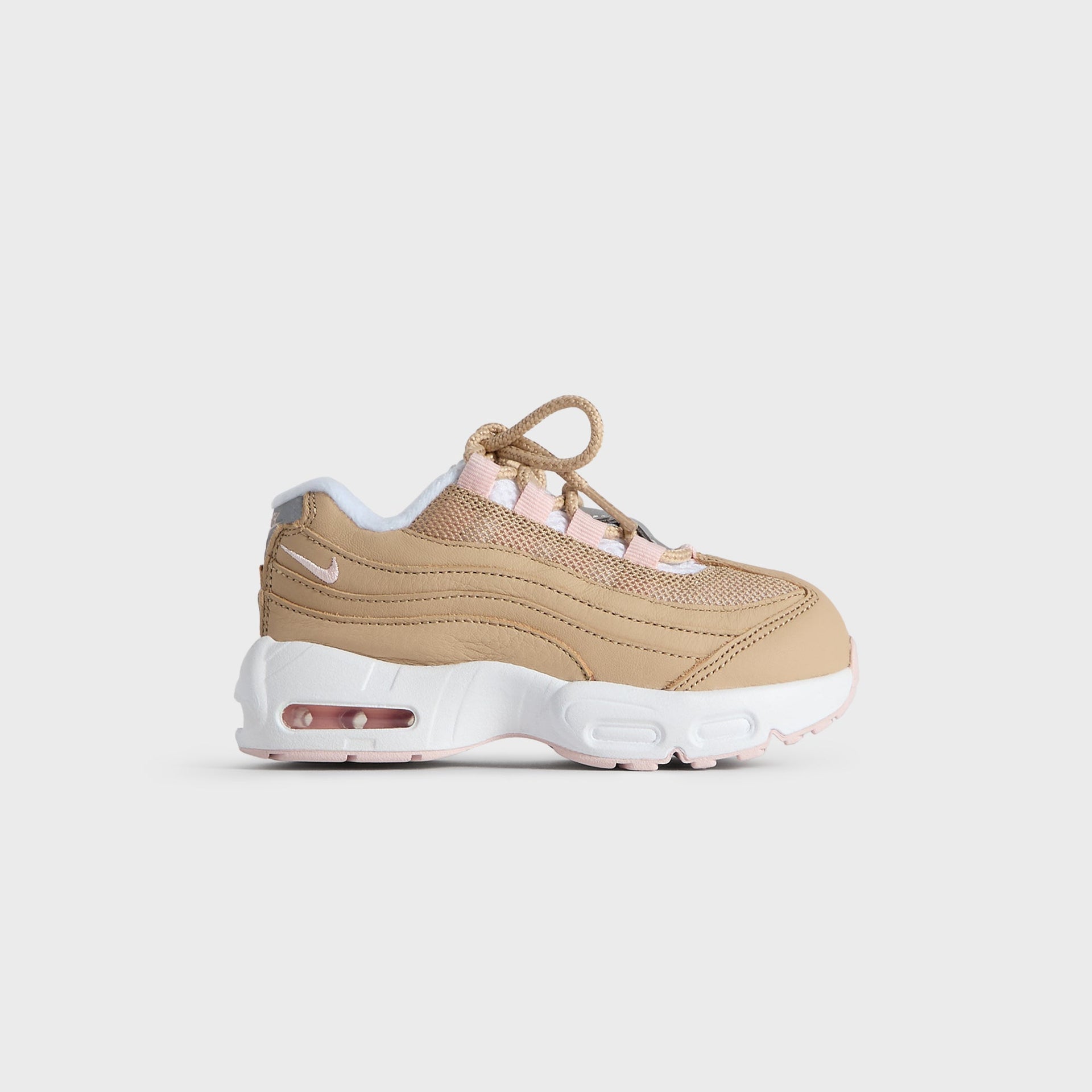 Kith Kids x Nike TD Air Max 95 Linen, wheat linen suede and mesh with pink Air units, outer side profile (additional studio view)