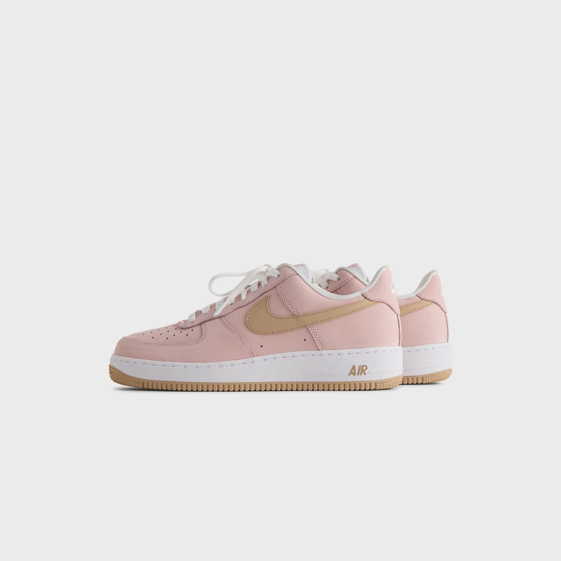 Kith for Nike Air Force 1 'Un-Linen' medial side profile in pink suede with tan swoosh and gum sole