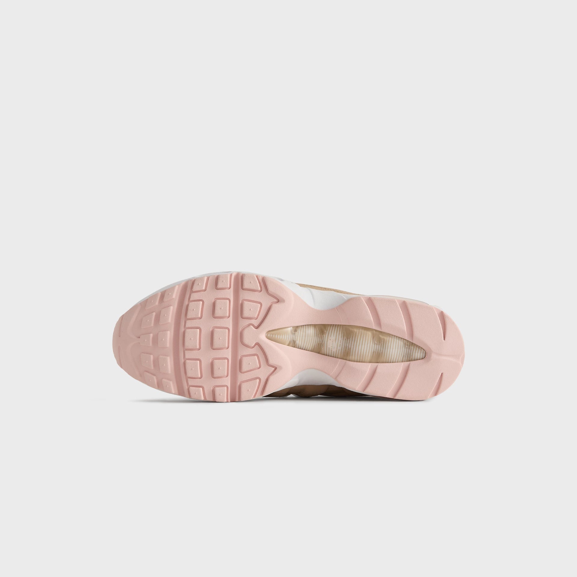 Kith for Nike Air Max 95 'Linen' top-down view of tan pair with gold Kith tongue tags and white laces