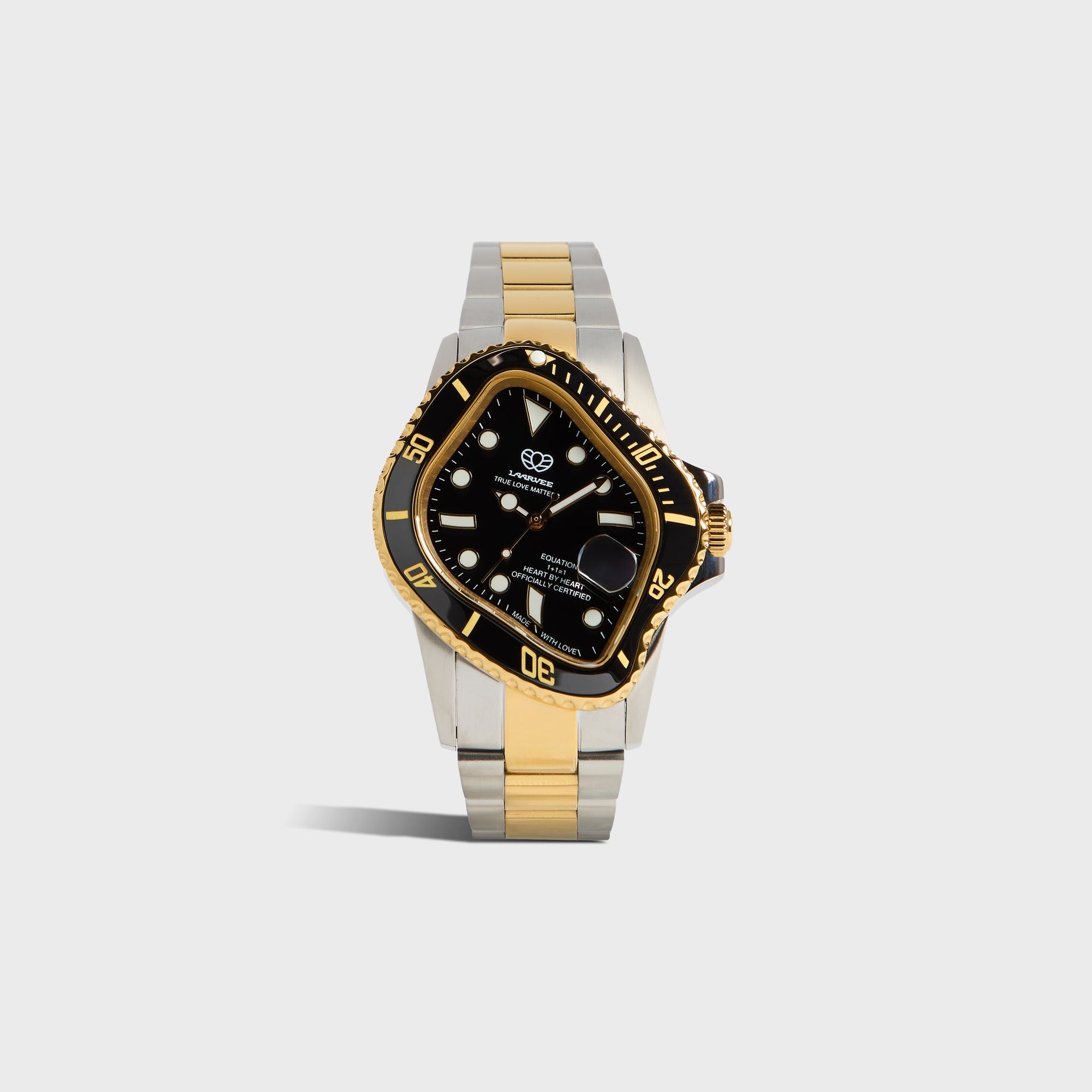 LAARVEE Precision Steel watch, straight-on front, distorted square case, black dial, gold-black bezel