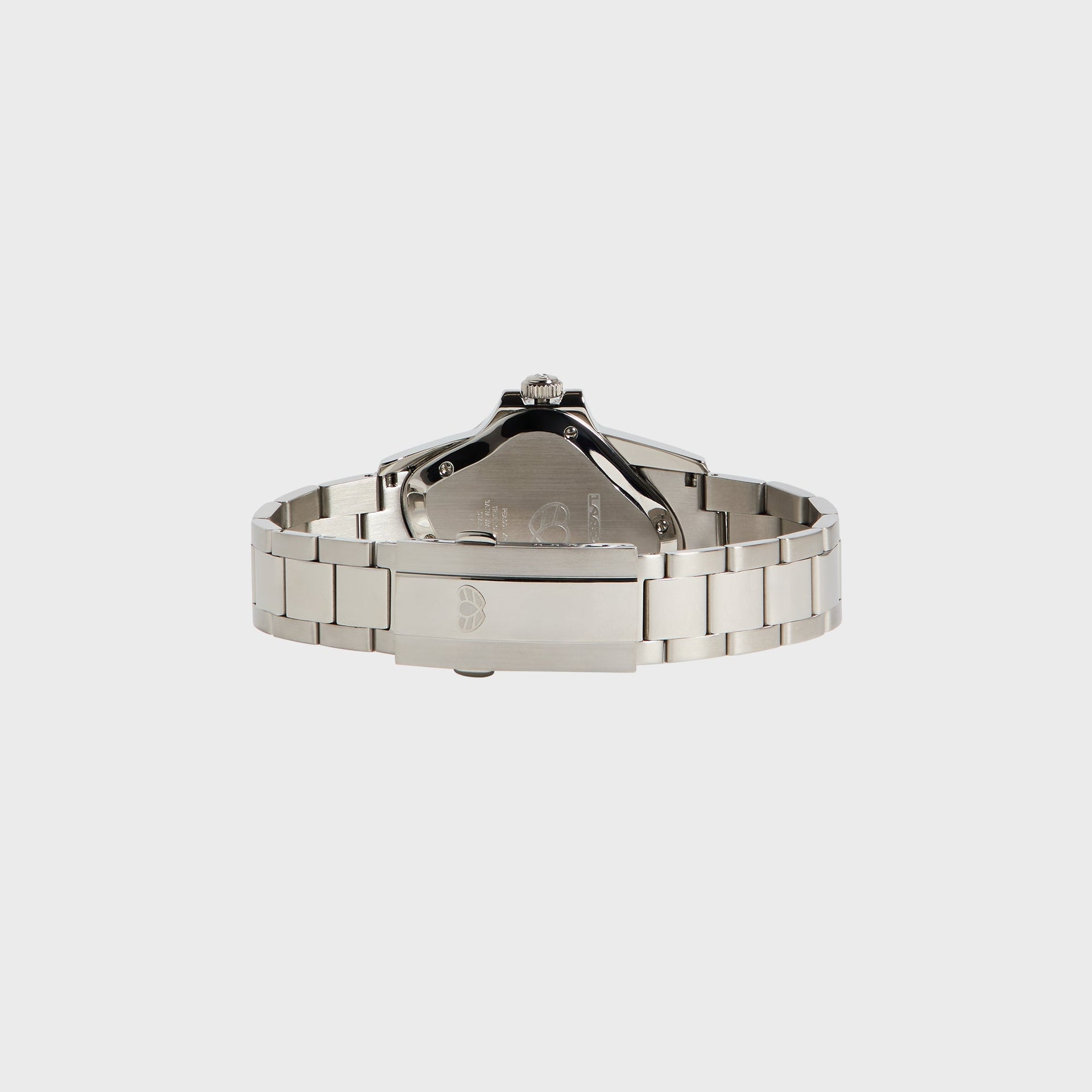 LAARVEE Precision Steel watch, rear three-quarter, steel caseback and clasp with heart logo