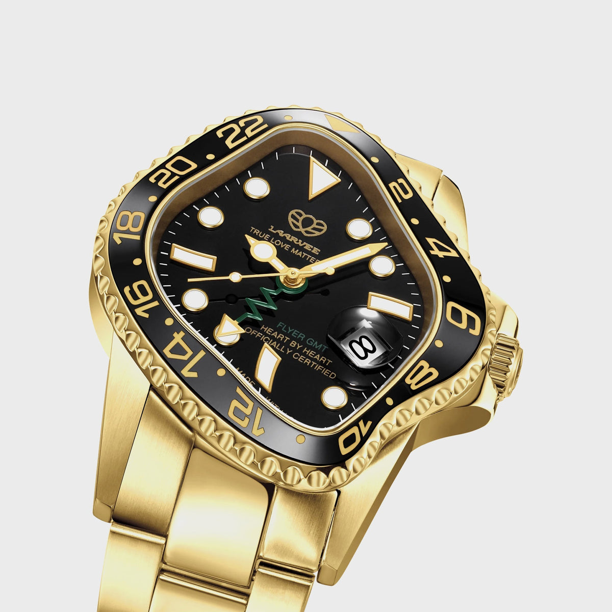 LAARVEE Golden Precision Steel watch with black ceramic bezel and black dial, close-up angled dial view