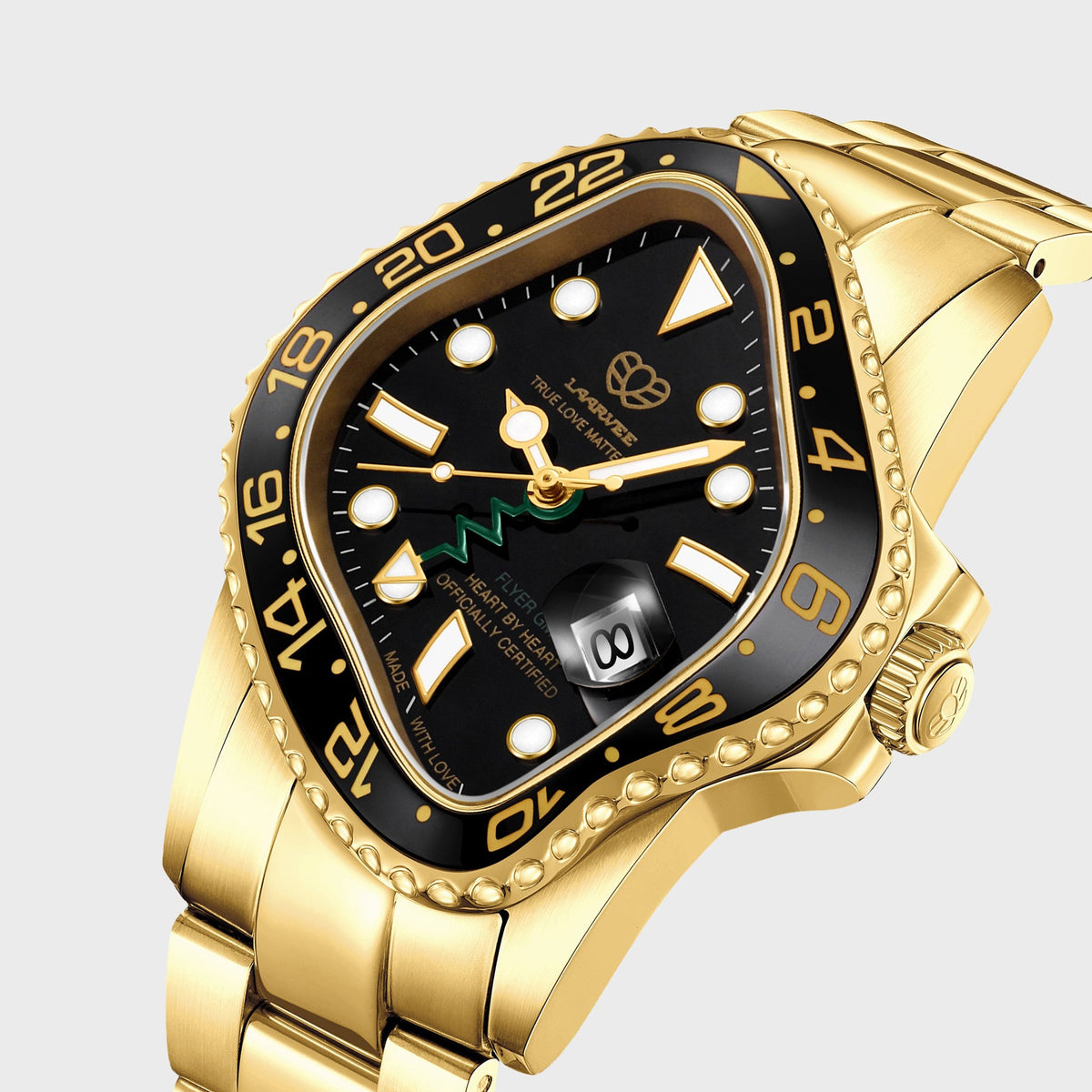 LAARVEE Golden Precision Steel watch with black ceramic bezel and black dial, alternate close-up angled dial view