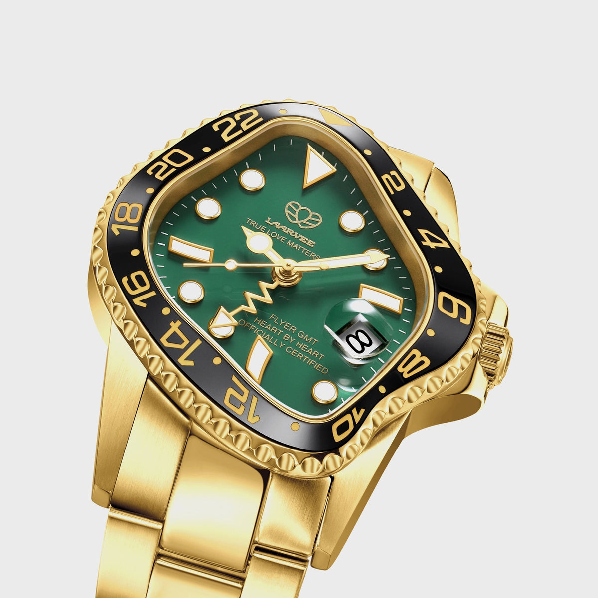 LAARVEE Golden Precision Steel watch with black ceramic bezel and green dial, close-up angled dial view