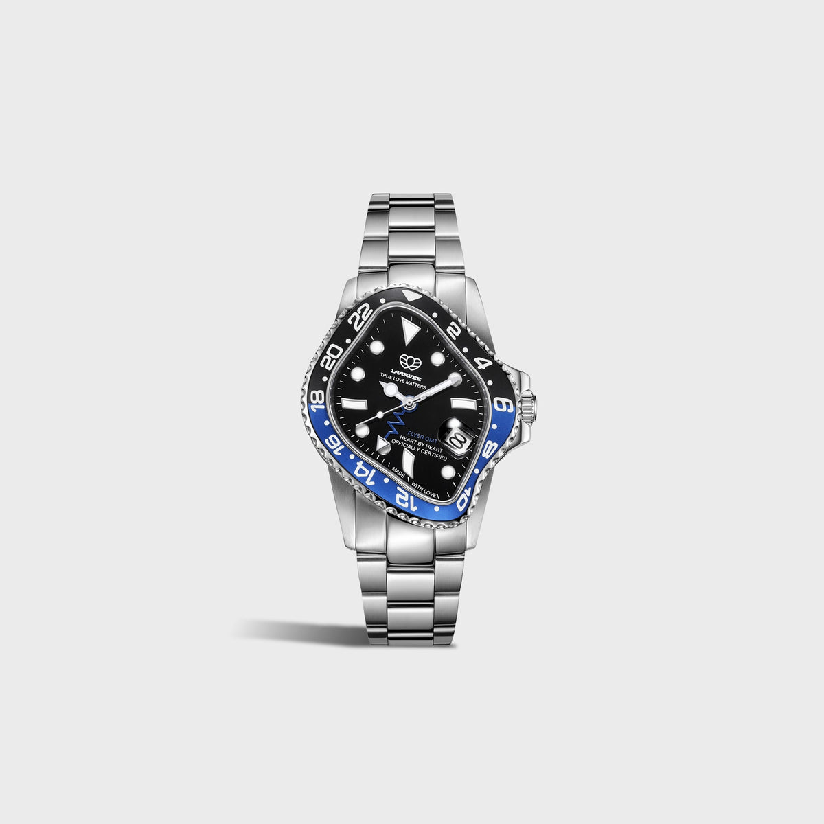 LAARVEE Silver Precision Steel watch with black and blue GMT bezel, small angled side view