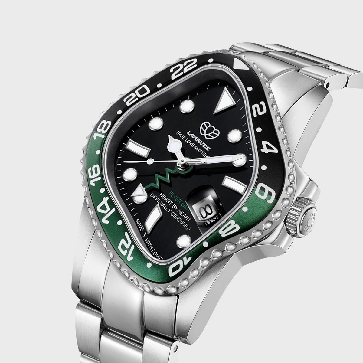 LAARVEE Silver Precision Steel watch with black and green GMT bezel, alternate close-up angled dial view