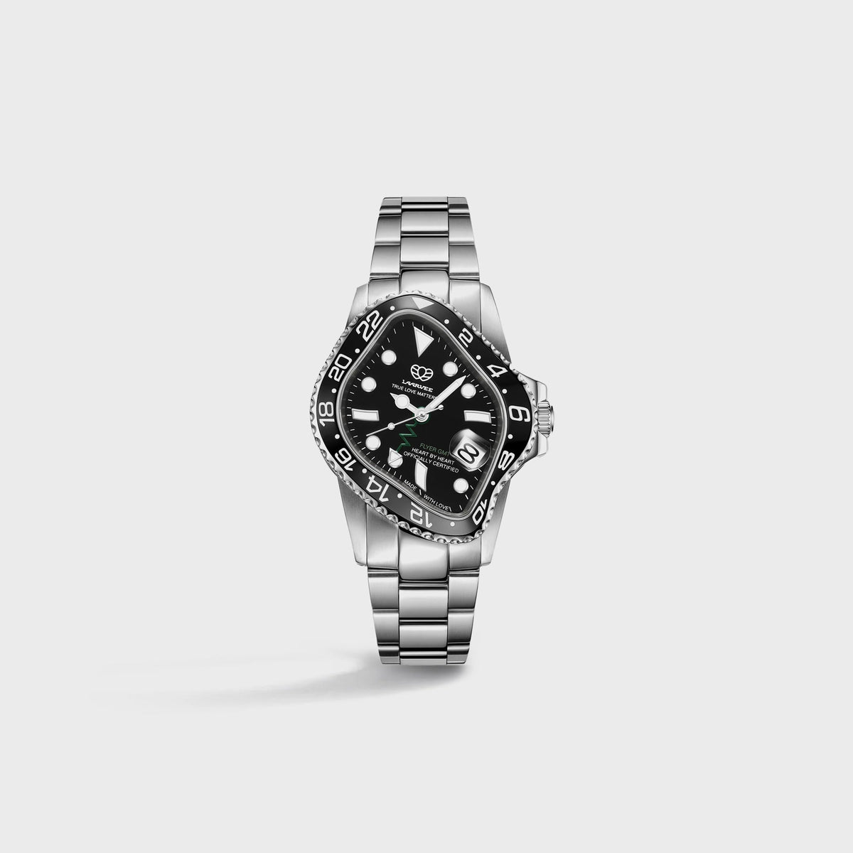 LAARVEE Silver Precision Steel watch with black bezel and black dial, small side view