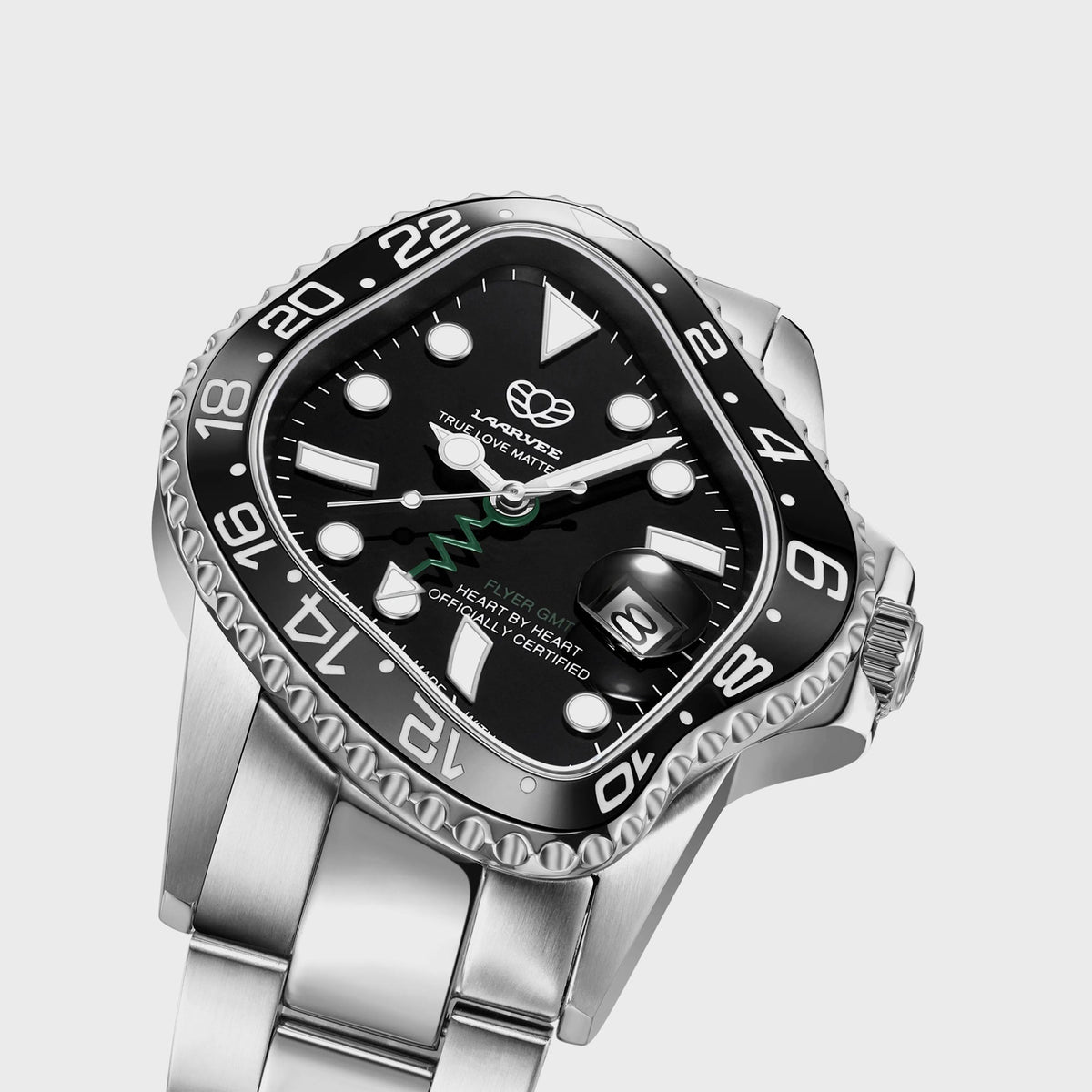 LAARVEE Silver Precision Steel watch with black bezel and black dial, close-up angled dial view