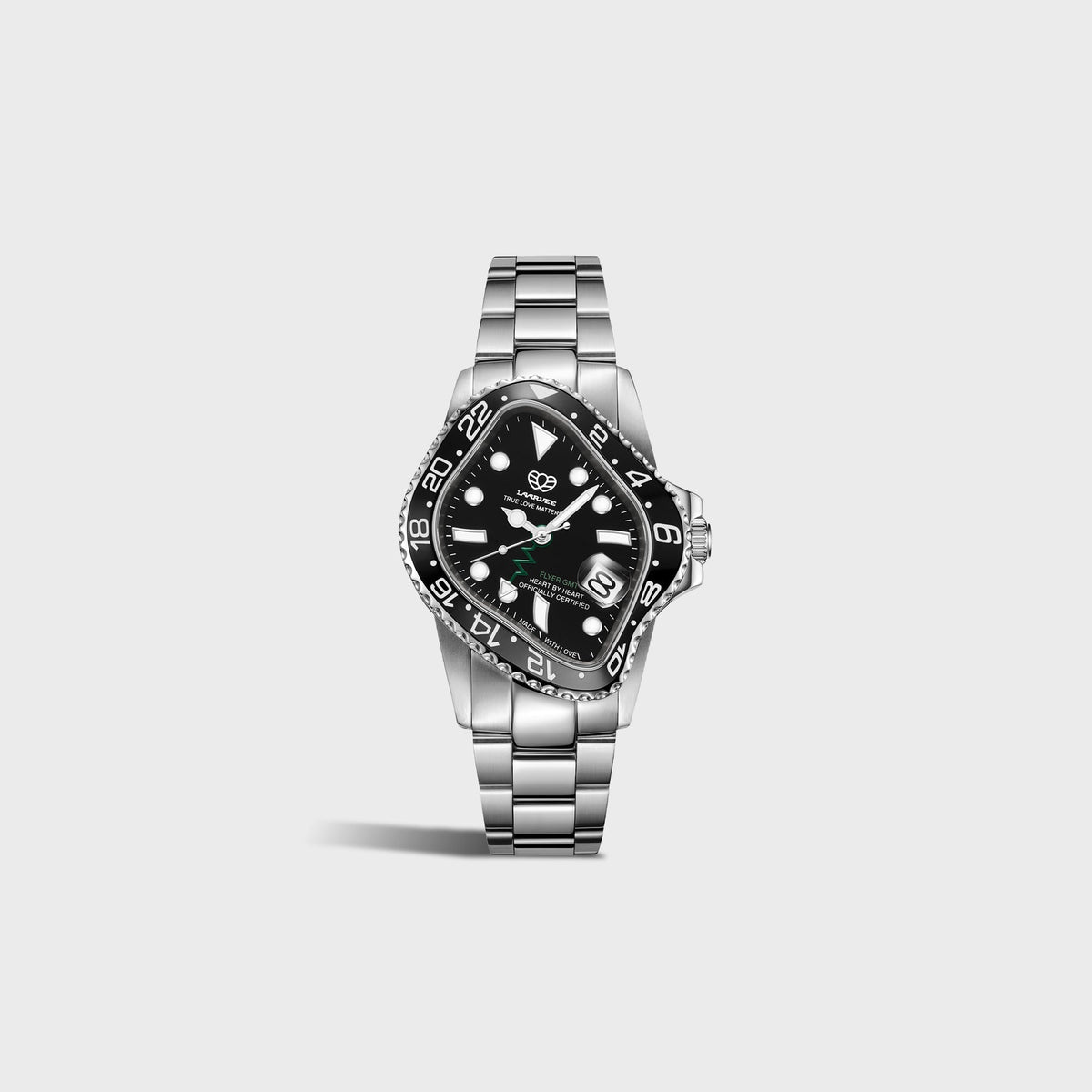 LAARVEE Silver Precision Steel watch with black bezel and black dial, alternate small side view