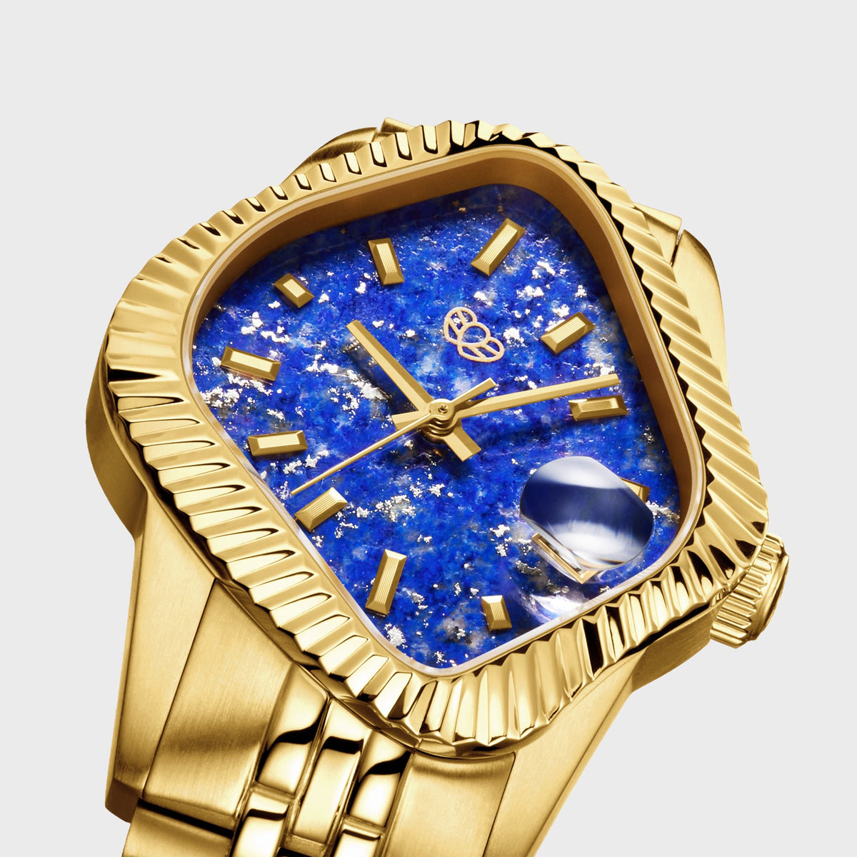LAARVEE Golden Precision Steel watch with fluted bezel and lapis lazuli blue dial, close-up angled dial view