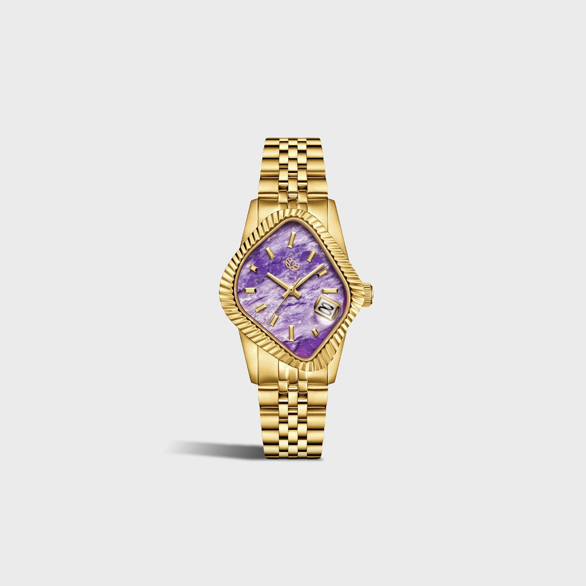 LAARVEE Golden Precision Steel watch with fluted bezel and purple charoite dial, full bracelet angled view
