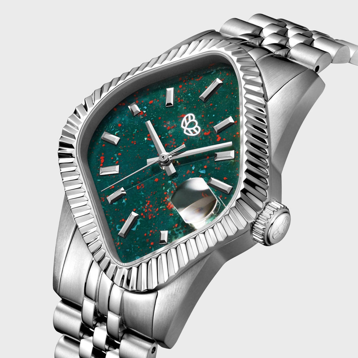 LAARVEE Silver Precision Steel Watch - Fluted Bezel / Natural Bloodstone Dial