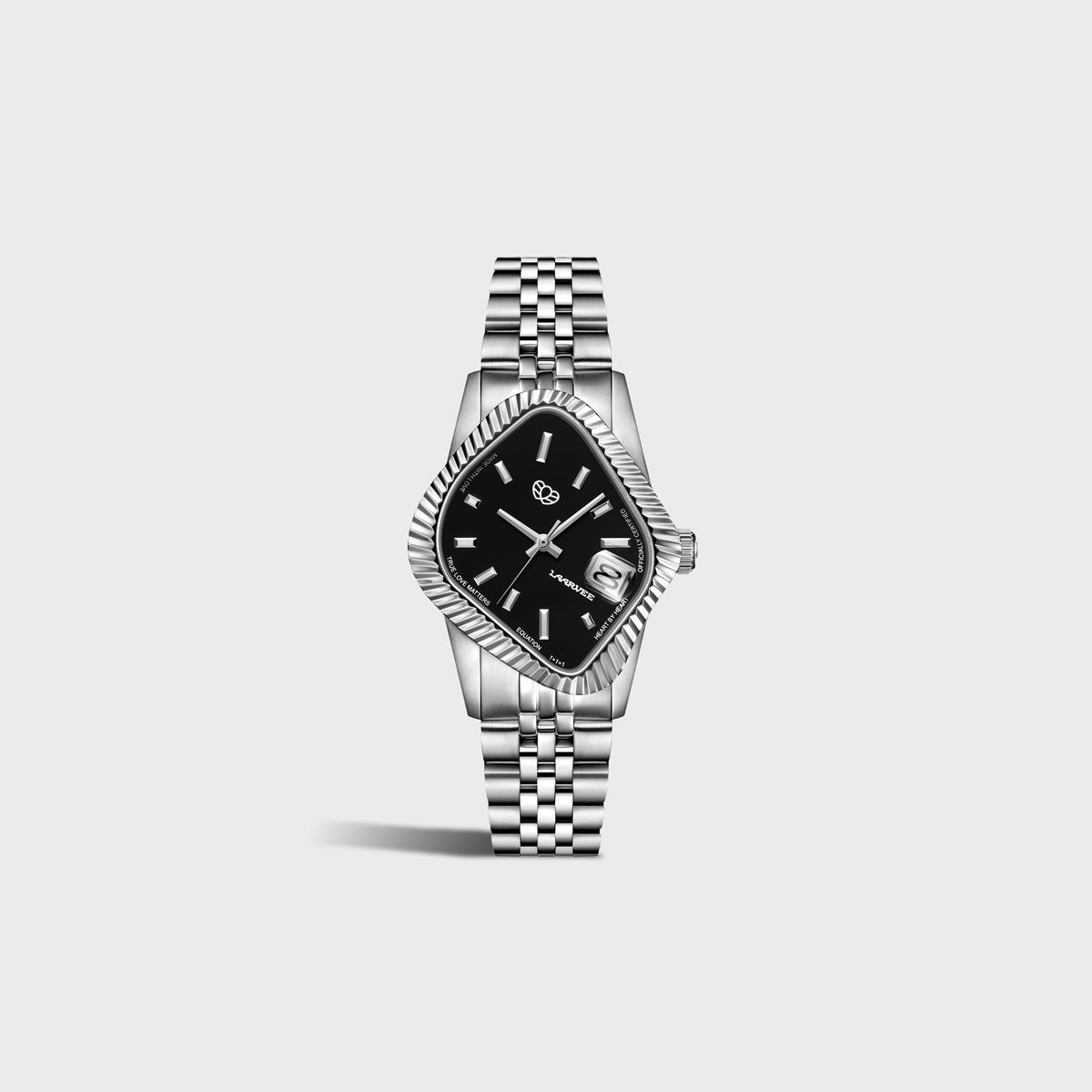 LAARVEE Silver Precision Steel watch with fluted bezel and black dial, full bracelet angled view