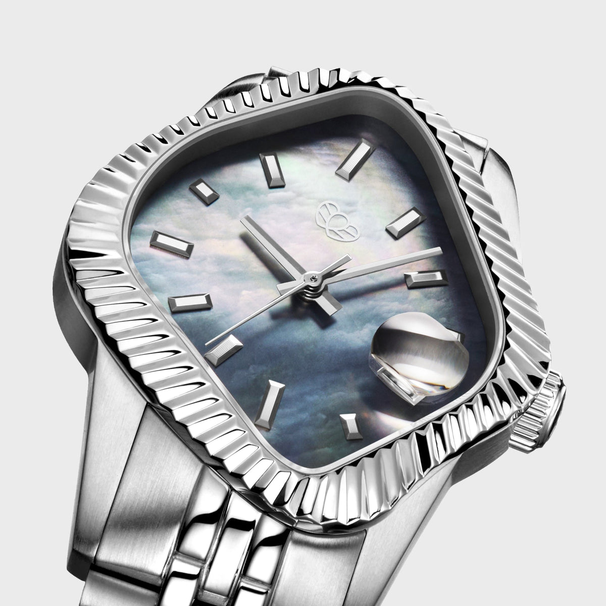 LAARVEE Silver Precision Steel watch with fluted bezel and black mother of pearl dial, close-up front dial view