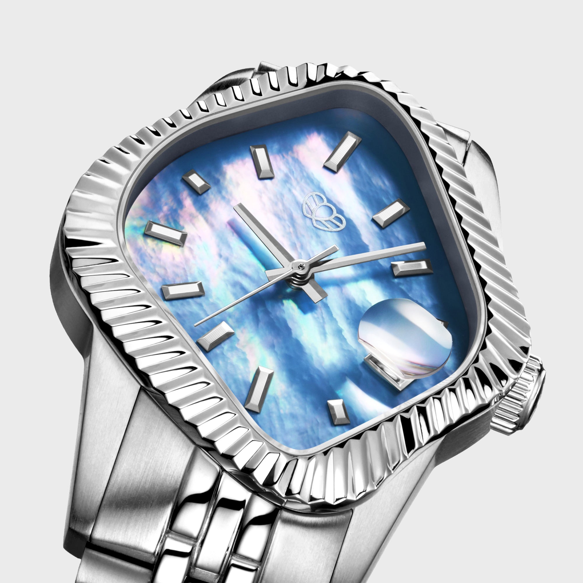 LAARVEE Silver Precision Steel - Fluted Bezel / Blue Mother Of