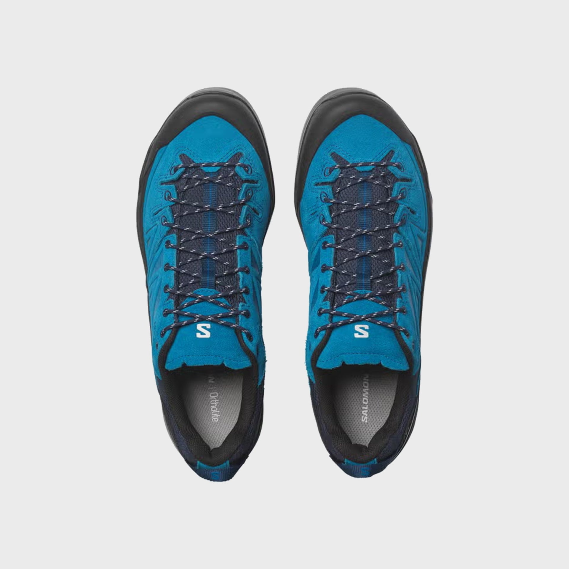 Pair of Salomon X-ALP LTR hiking shoes, top-down view showing navy laces and grey Ortholite insoles