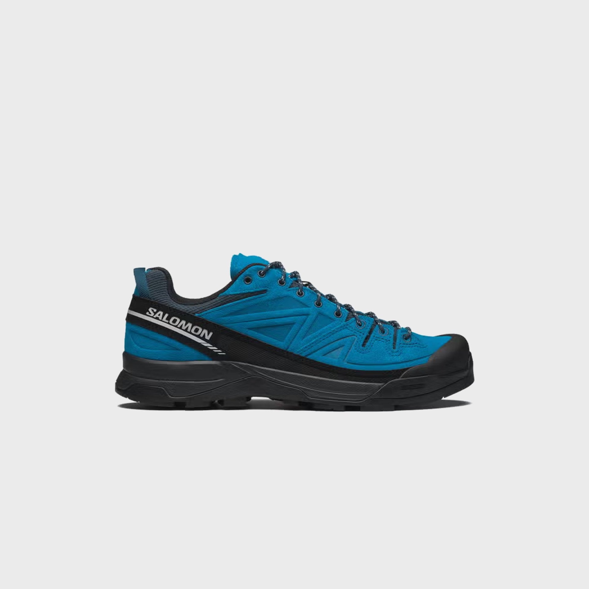 Salomon X-ALP LTR hiking shoe in bright blue suede with black midsole, lateral side view