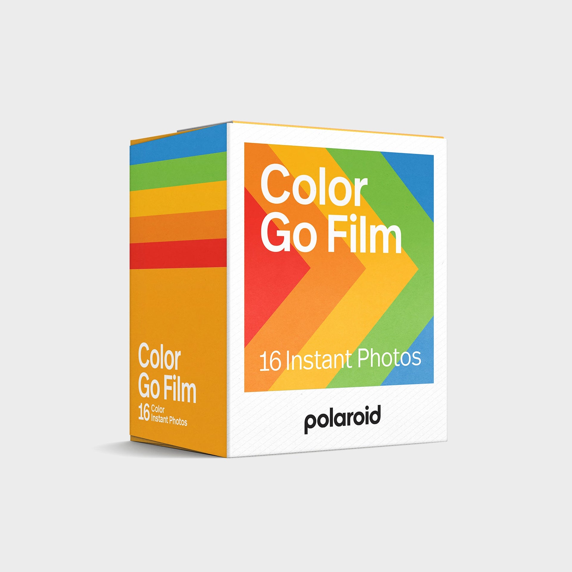 Polaroid Go Color Film double pack, front of white box with bold rainbow chevrons, 16 instant photos