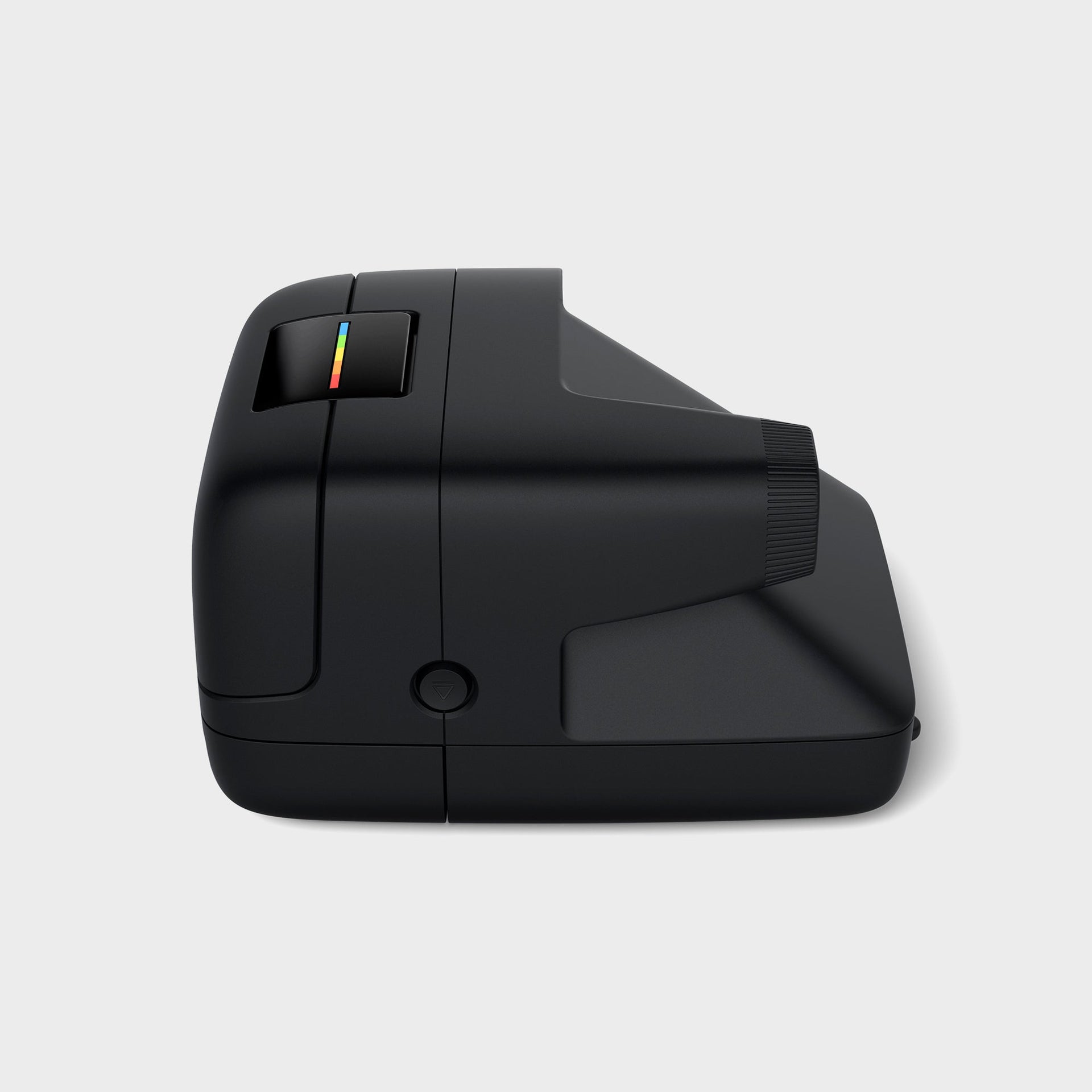 Polaroid Flip black instant camera in side profile with flash open and rainbow stripe beside the viewfinder