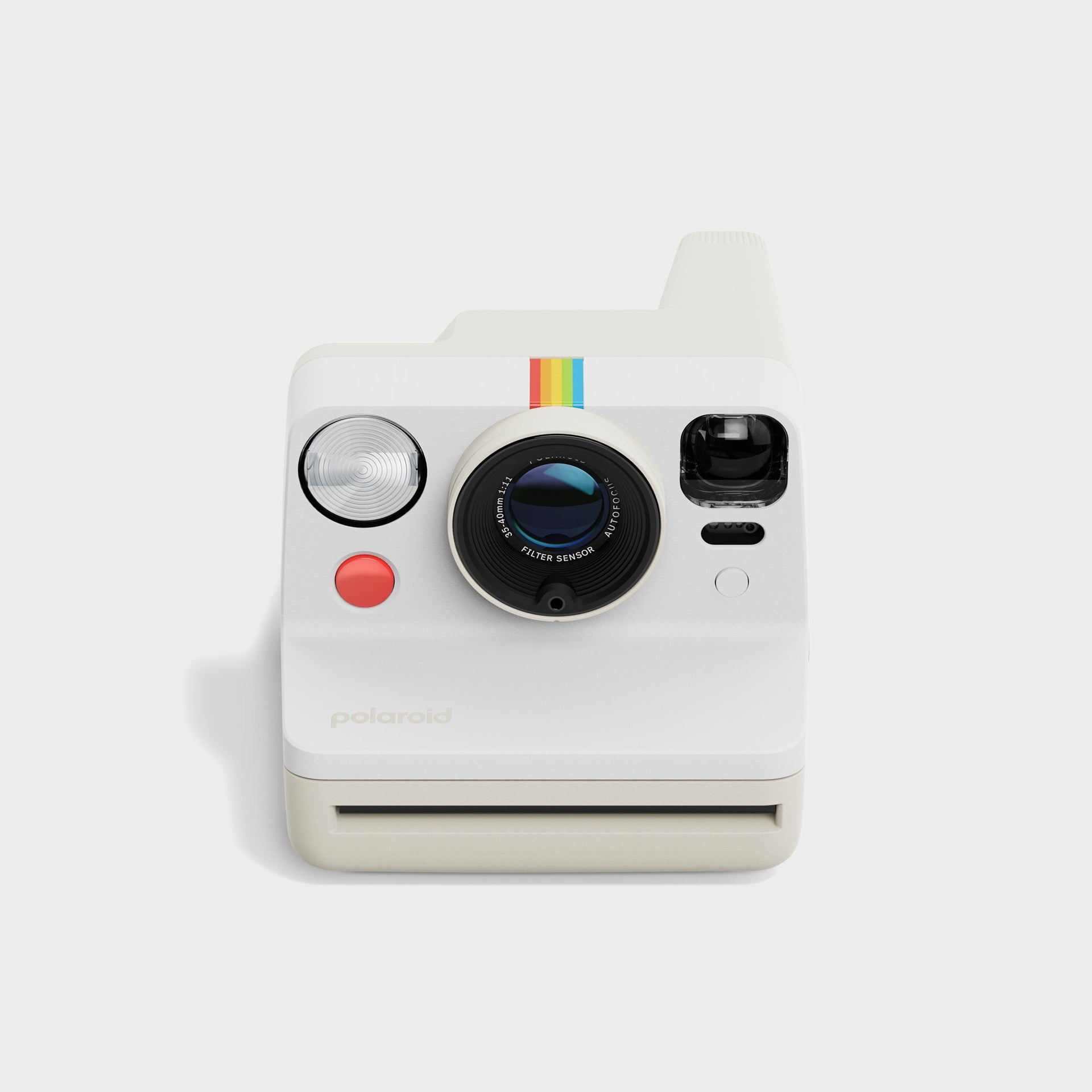 Polaroid Now Generation 3 camera in pebble white, front view with flash, autofocus lens, red shutter and rainbow stripe