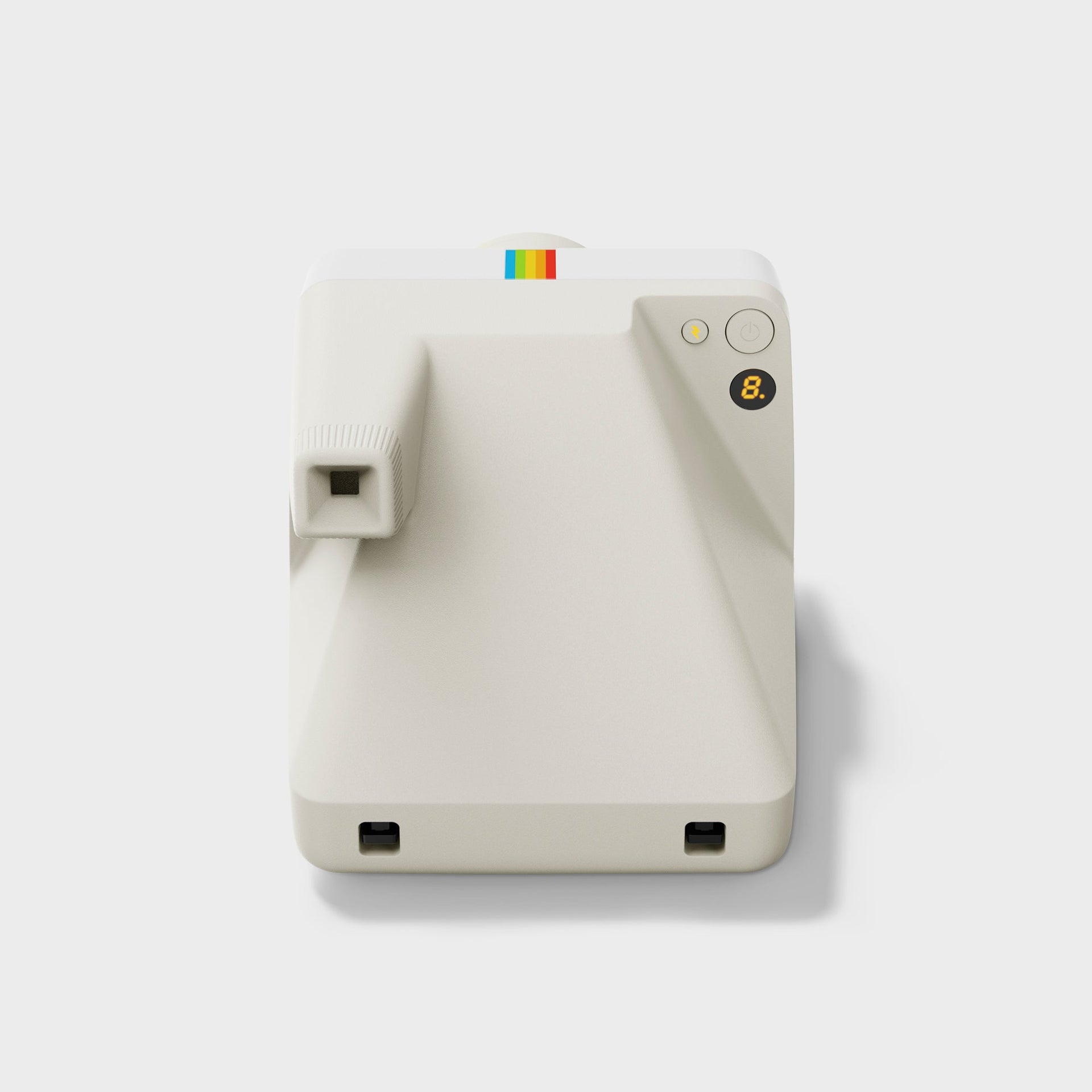 Polaroid Now Gen 3 pebble white camera from above showing power button, photo counter and rainbow stripe