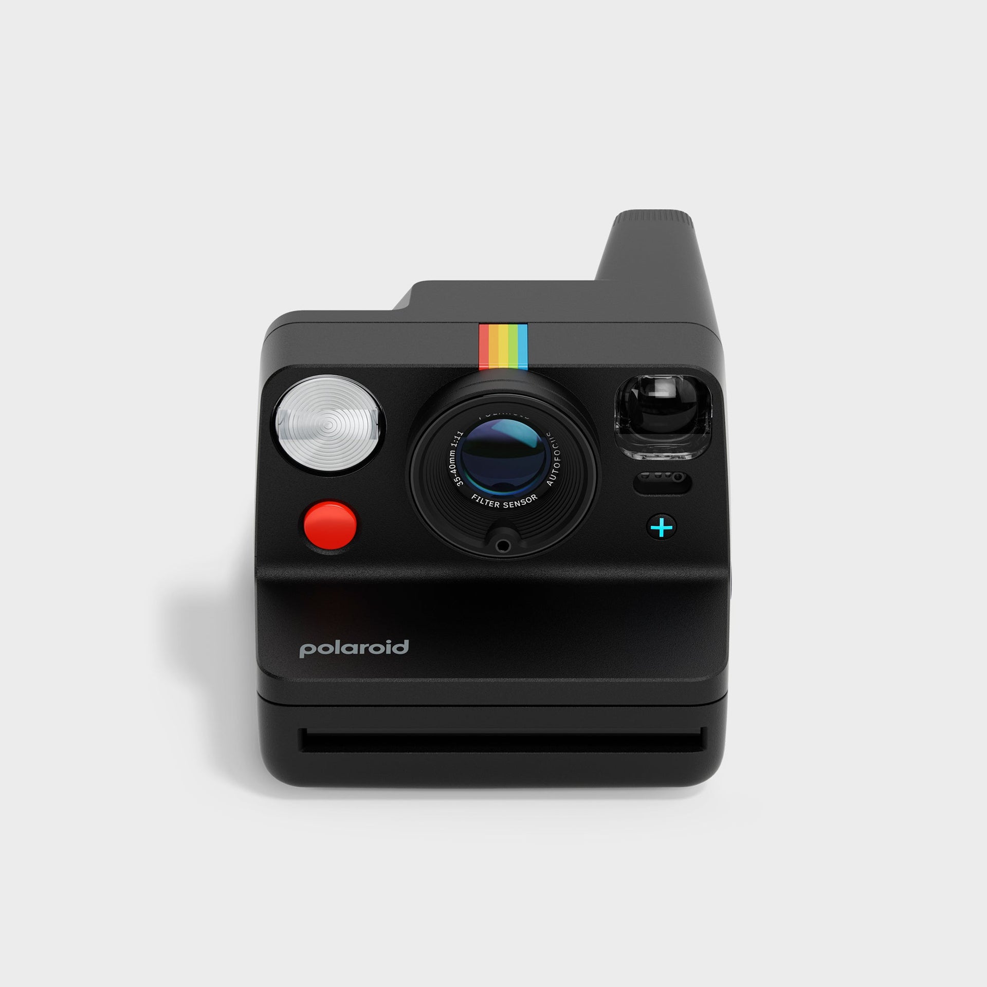 Polaroid Now Generation 3 camera in black, front view with round flash, autofocus lens, red shutter and rainbow stripe