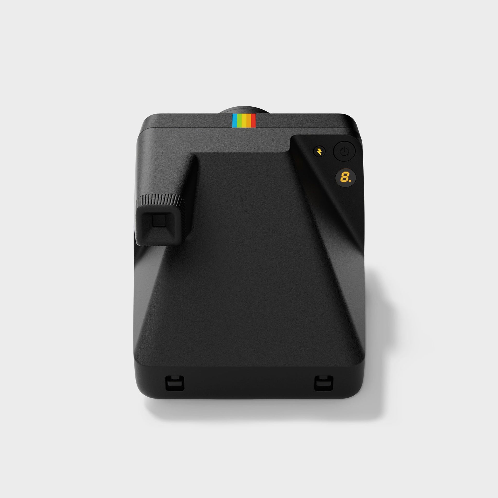 Polaroid Now Gen 3 black camera from above showing power button, photo counter, flash icon and rainbow stripe