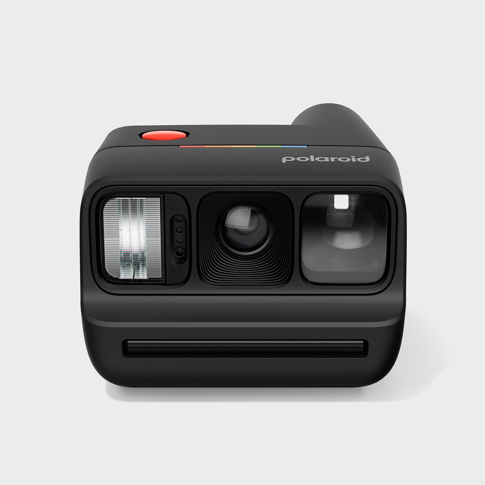 Polaroid Go Generation 3 camera in black, front view: compact body with flash, lens, viewfinder and rainbow stripe