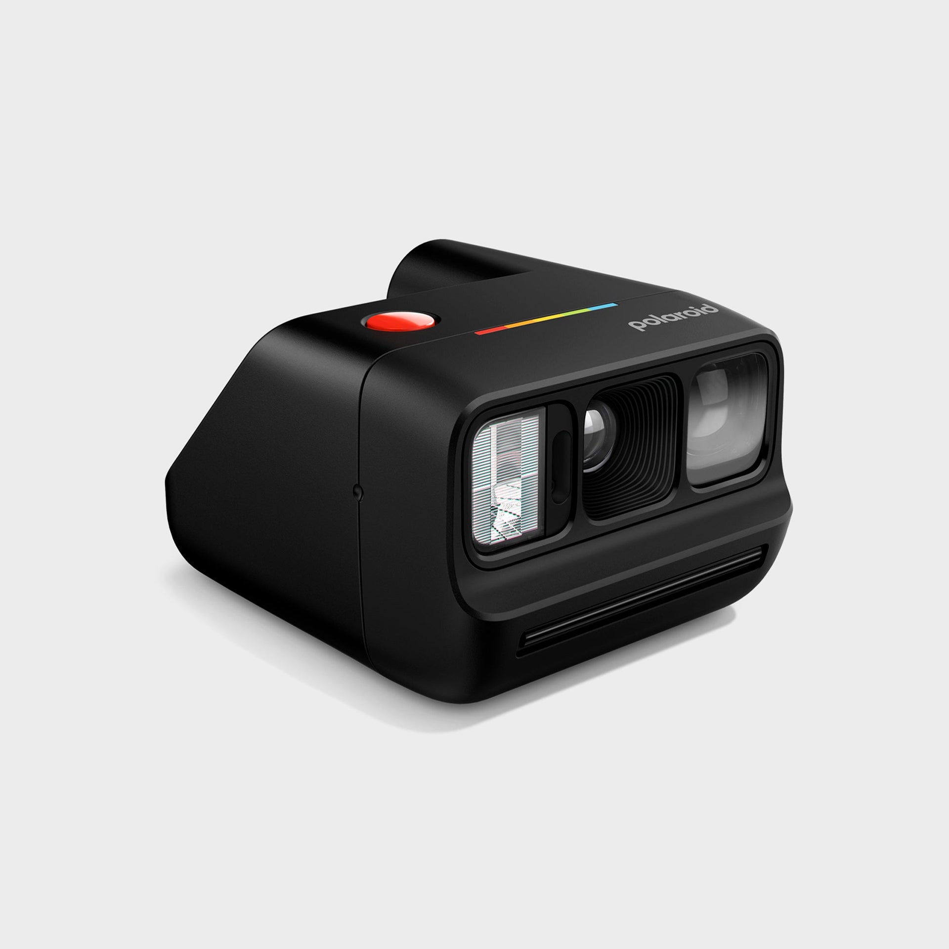 Polaroid Go Gen 3 black instant camera at a three-quarter angle on white, showing its small boxy profile