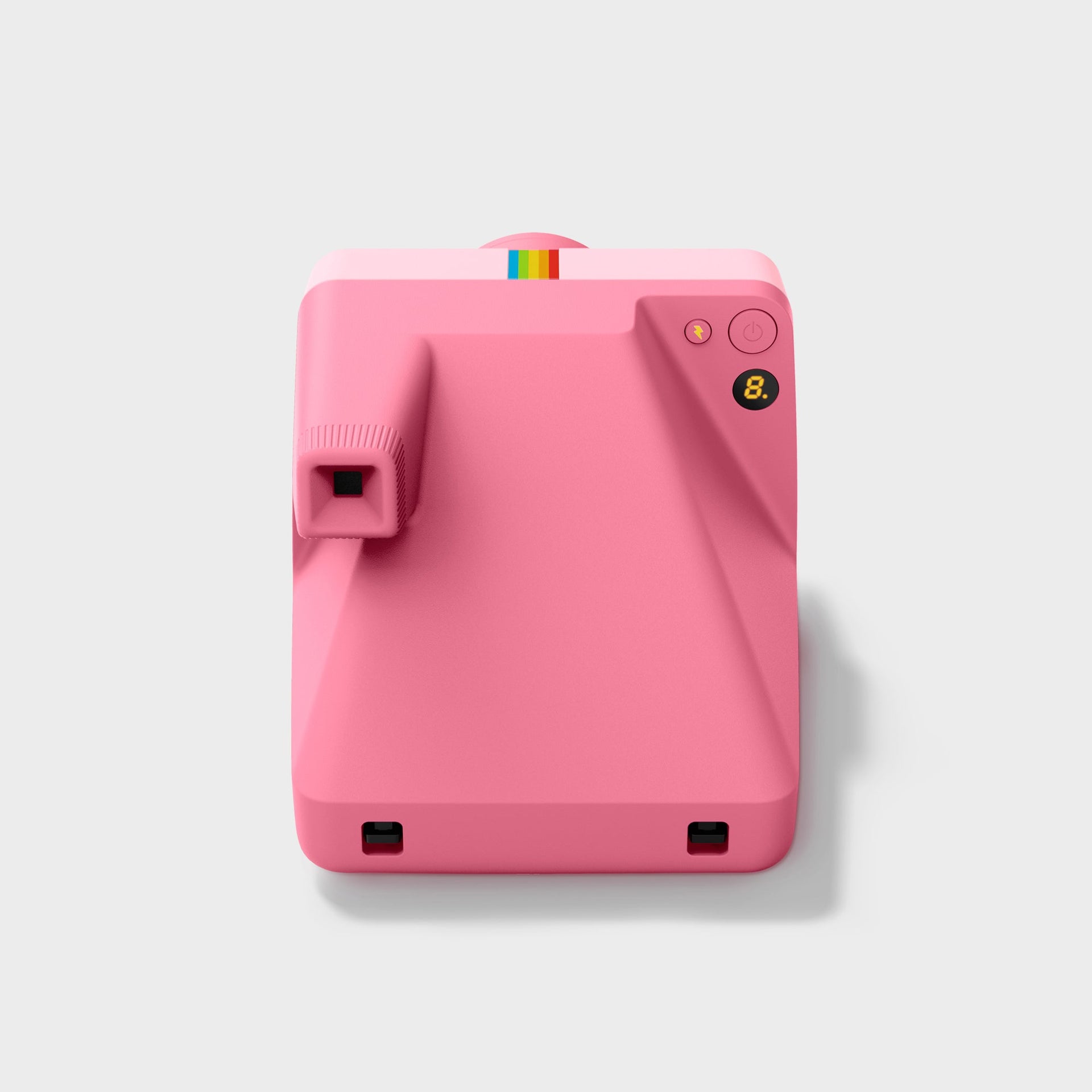 Polaroid Now Gen 3 pink camera from above showing power button, photo counter, flash icon and rainbow stripe