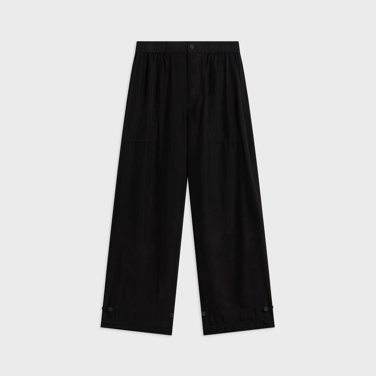 ATON Fibril Silk Tafta Easy Baker Pant in charcoal grey, front view with wide leg and buttoned hem tabs