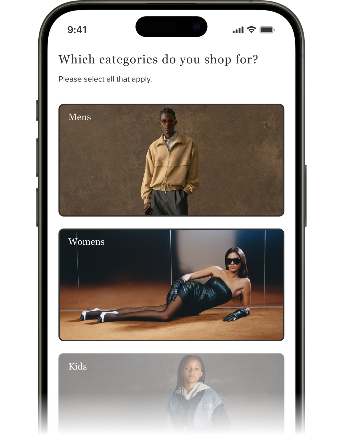 Kith app onboarding screen asking 'Which categories do you shop for?' with Mens, Womens, and Kids selection cards