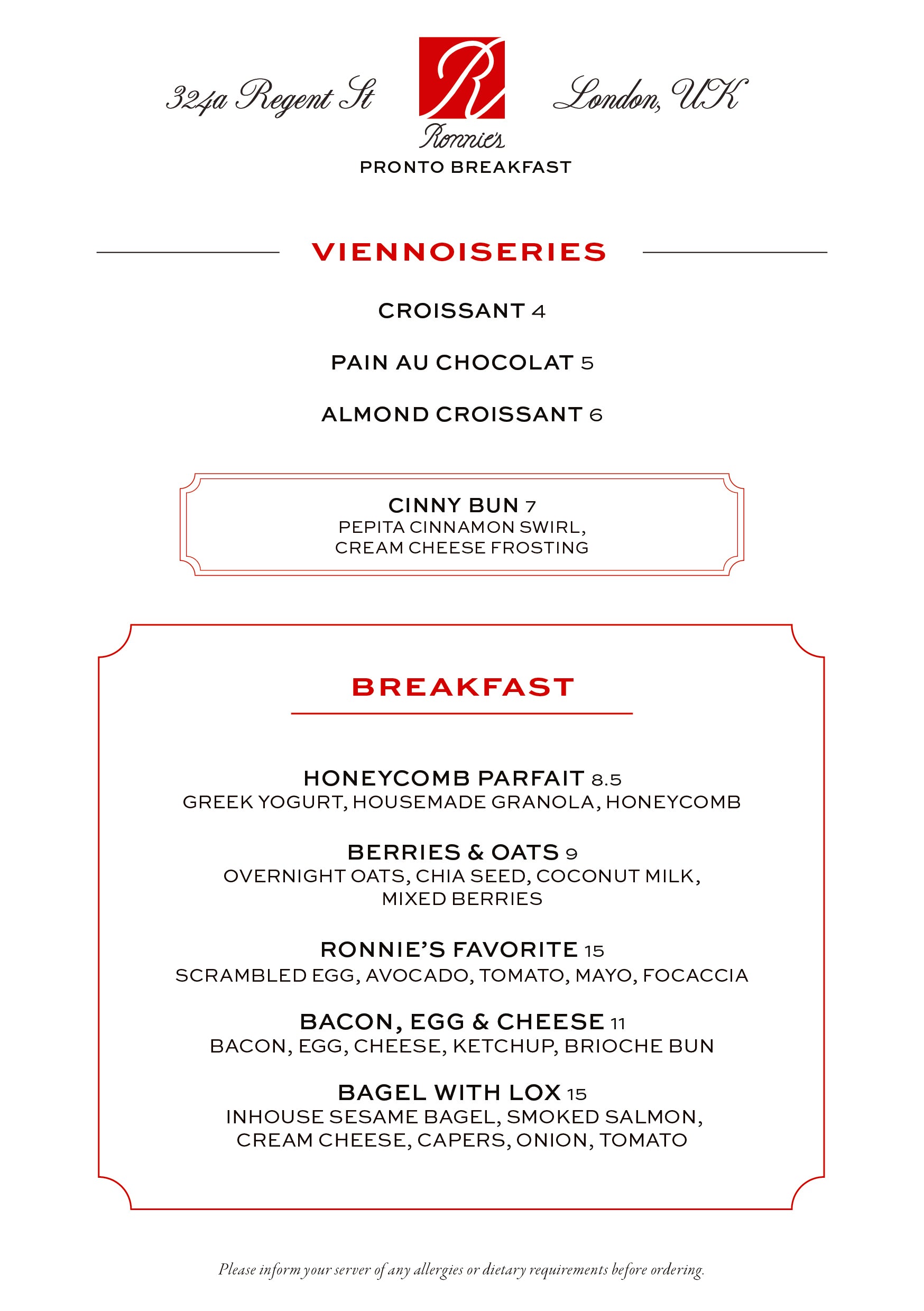 Ronnie's Pronto takeout breakfast menu page 1: viennoiseries and breakfast items with prices, red-bordered card