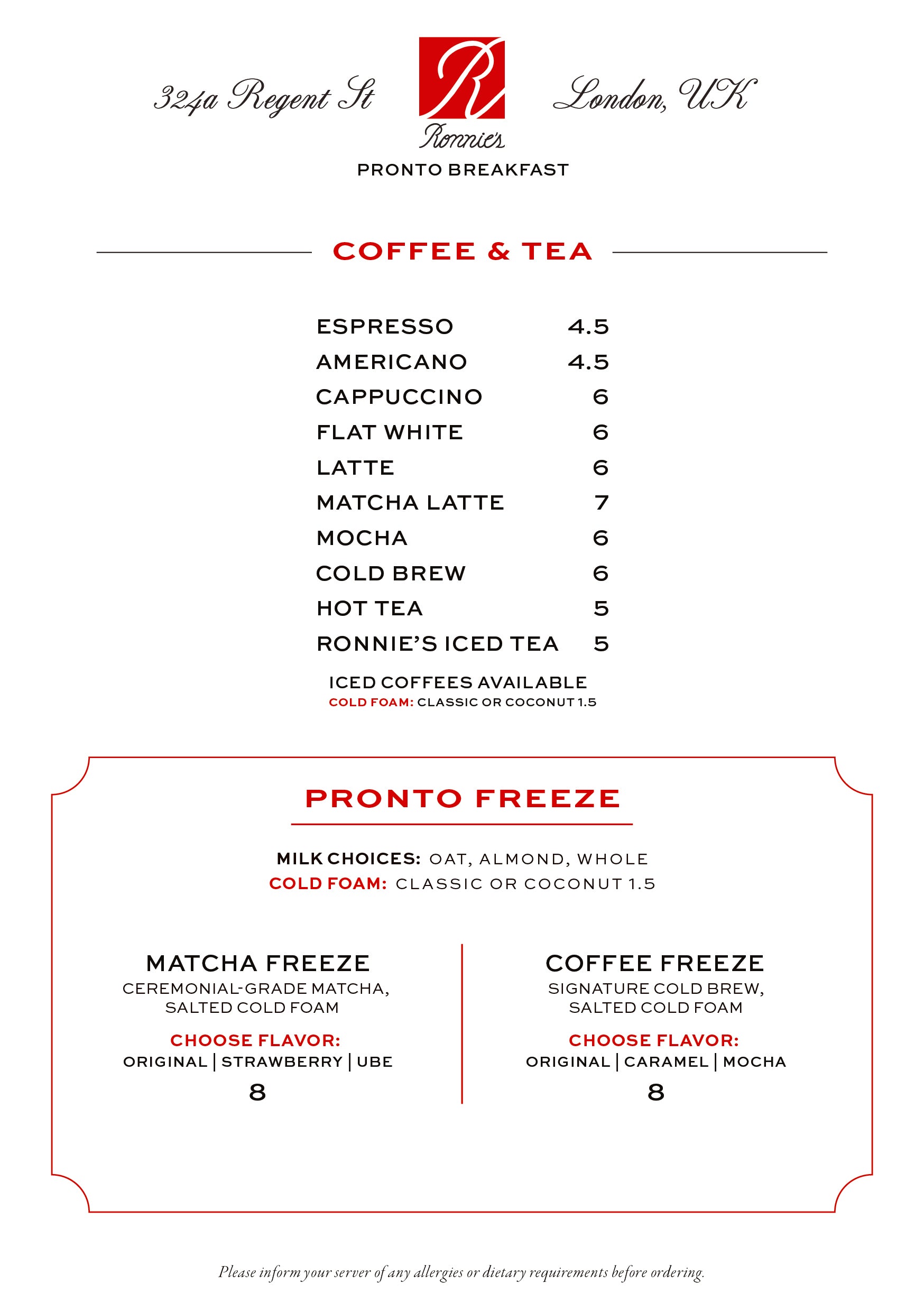 Ronnie's Pronto takeout breakfast menu page 2: coffee & tea list and Pronto Freeze matcha and coffee drinks with prices