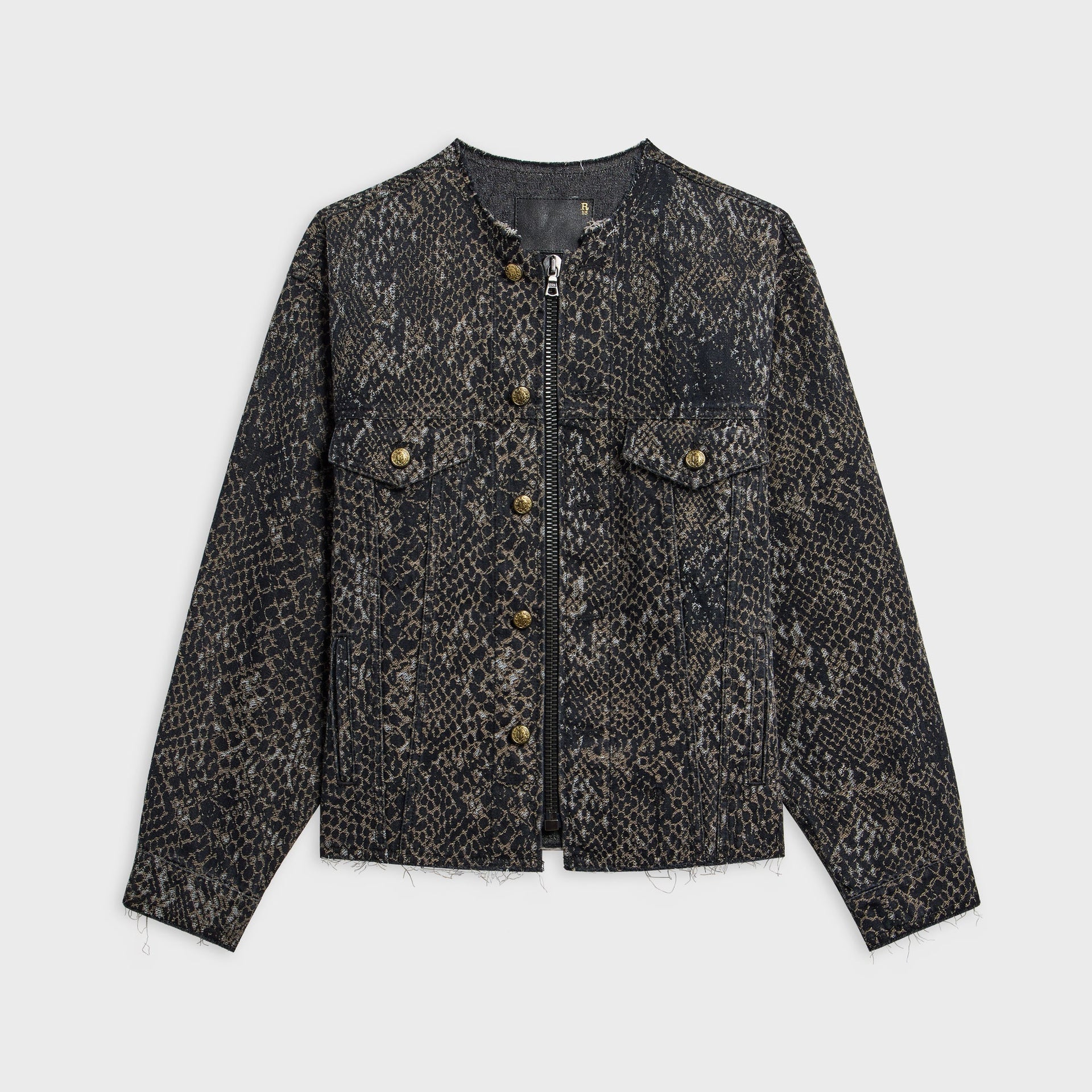 R13 Collarless Zip-Up Trucker Jacket - Brown Snake Jacquard