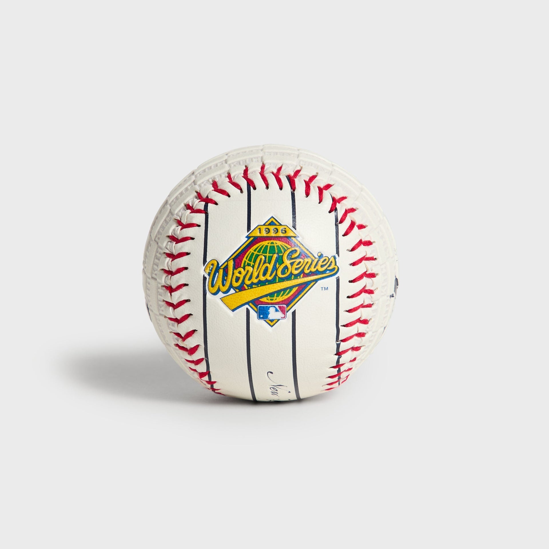 Kith & Rawlings Commemorative Baseball - angled view showing 1996 World Series logo panel