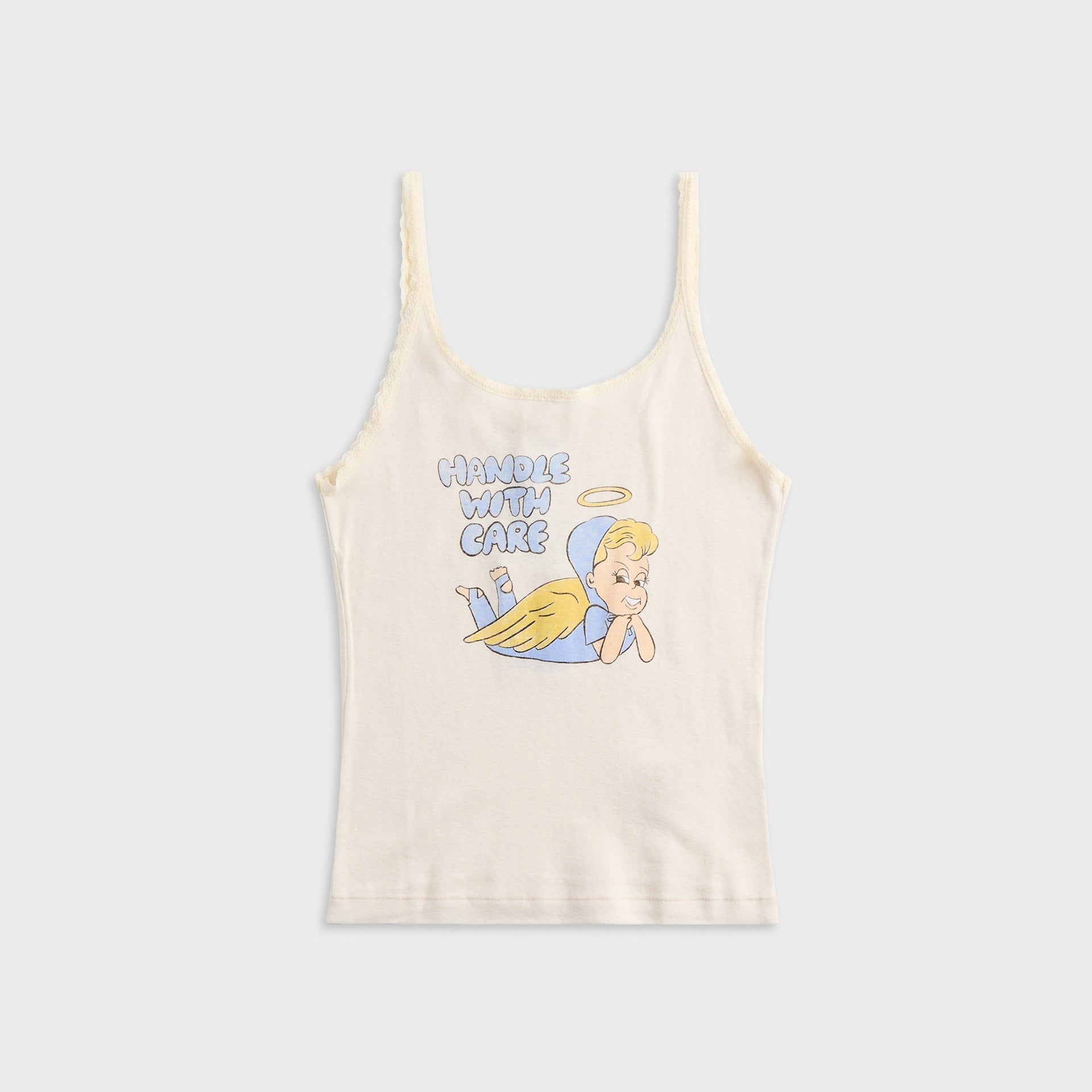 Redone Lace Strap Tank Handle With Care - Vintage White