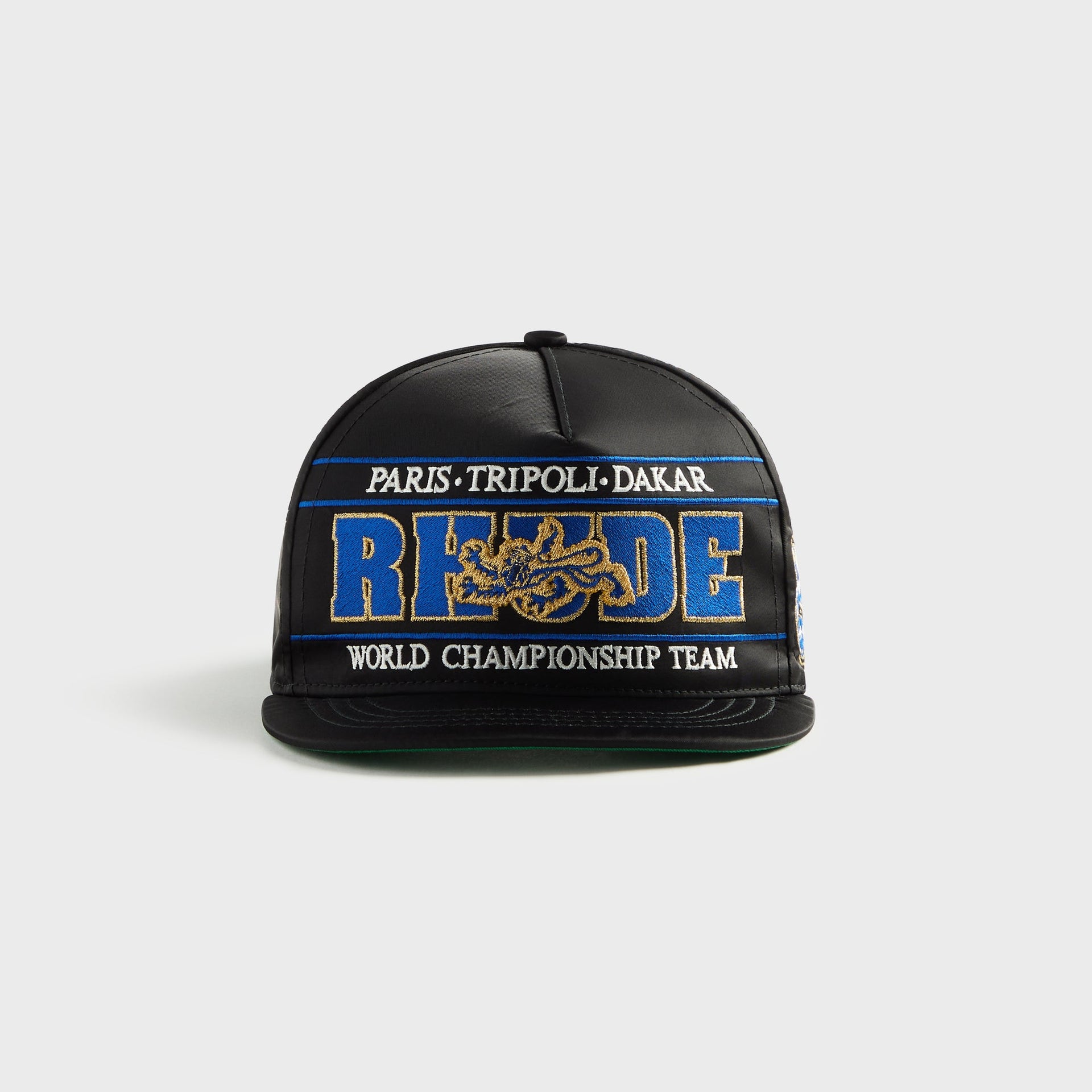 Rhude Chrono Logo Embroidered Trucker Hat - Black / Blue / Gold