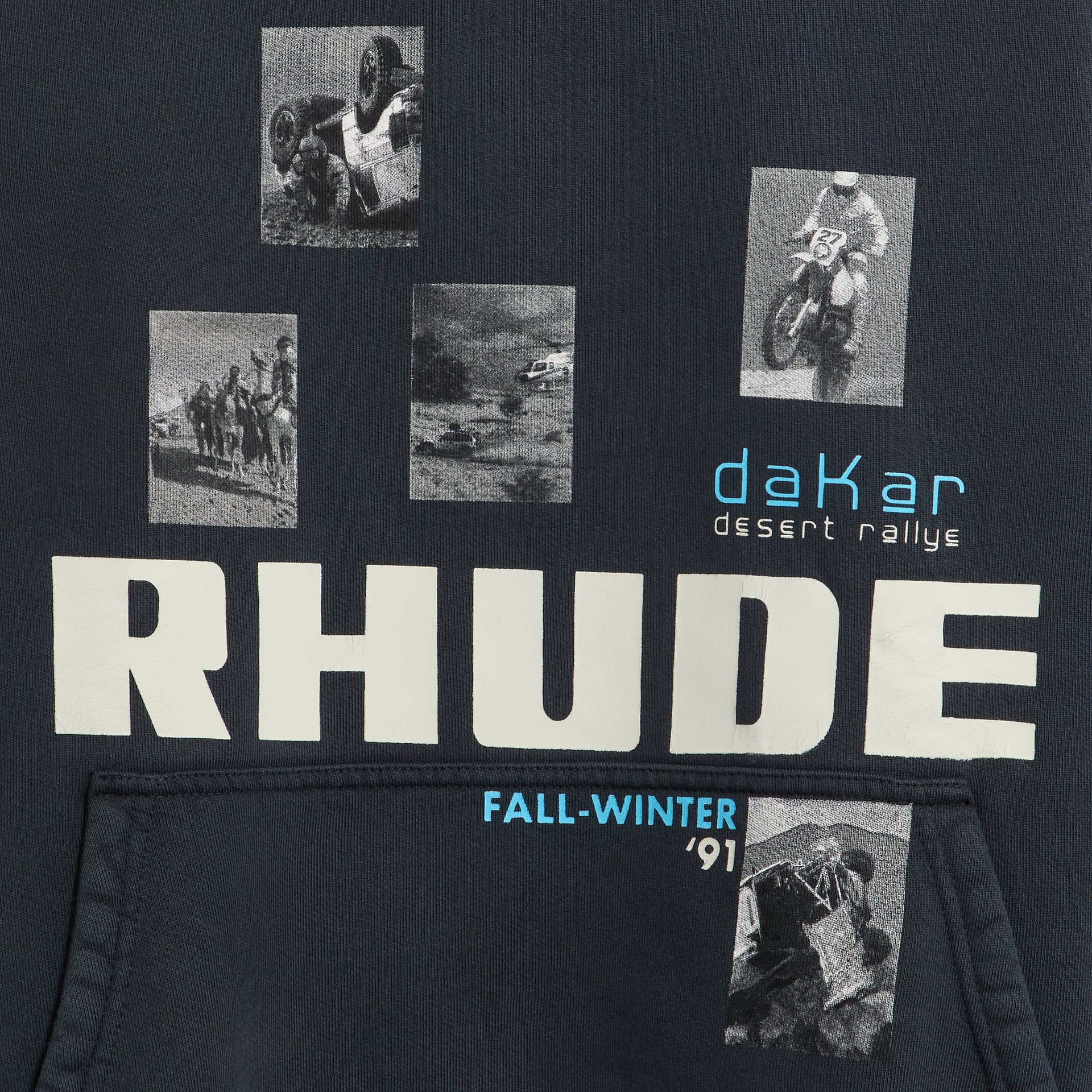 Rhude Winter 91 Rallye Hoodie detail, close-up of vintage Dakar desert rallye photo collage and RHUDE