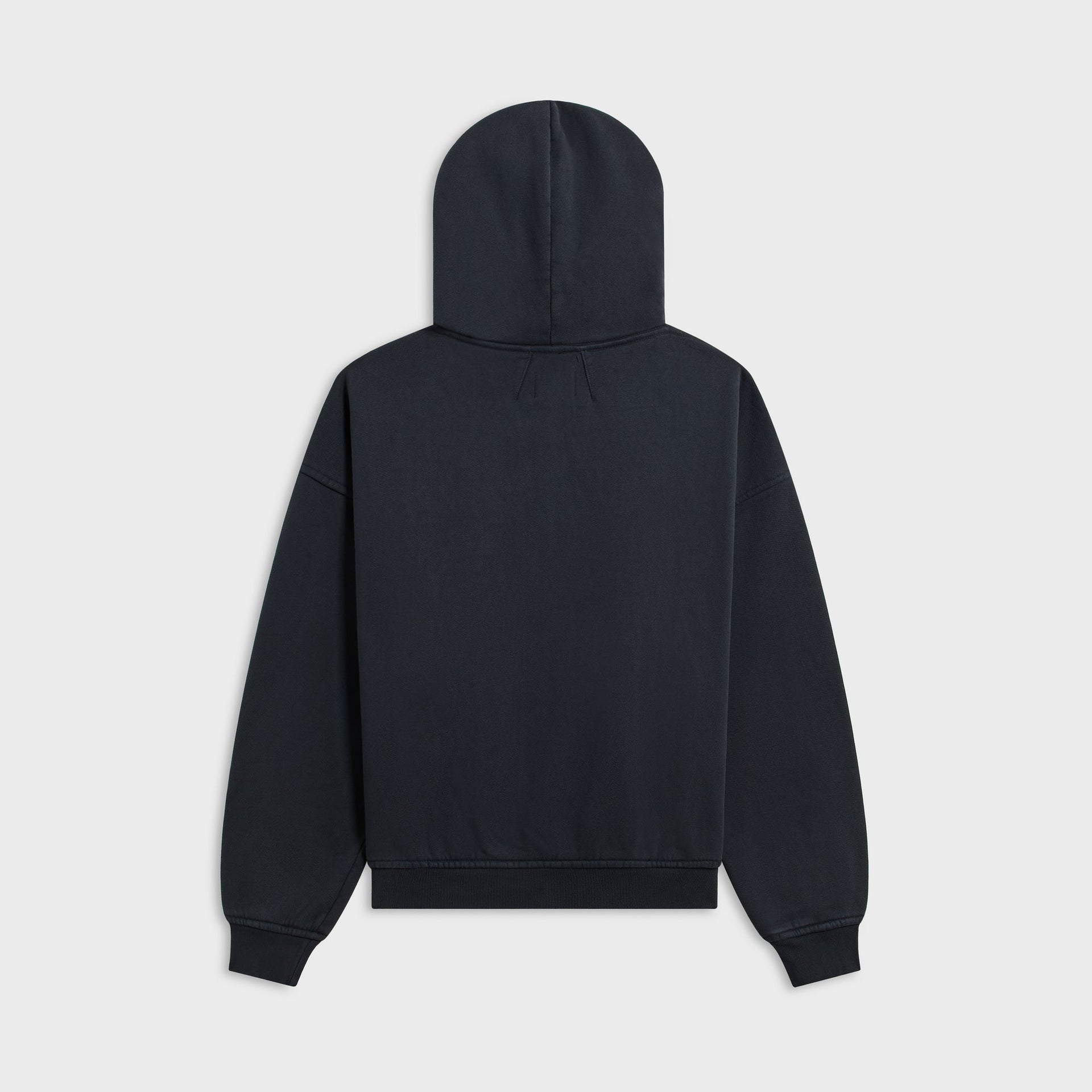 Rhude Dakar Convoy vintage black hoodie, plain back view with hood laid flat