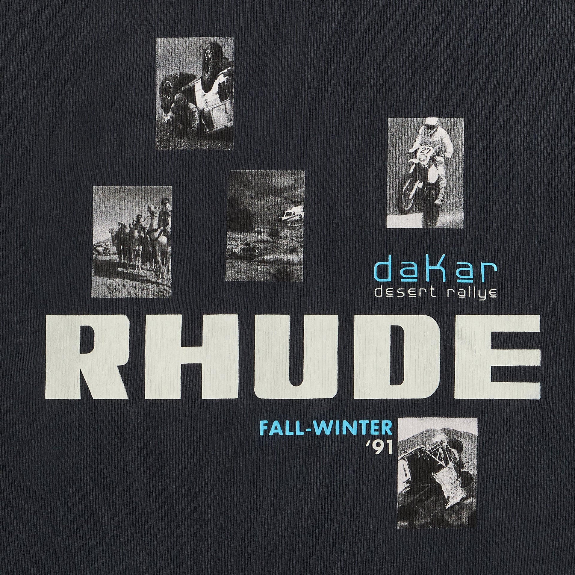 Rhude Winter 91 Rallye Tee detail, close-up of black-and-white Dakar rally photos and cream RHUDE print