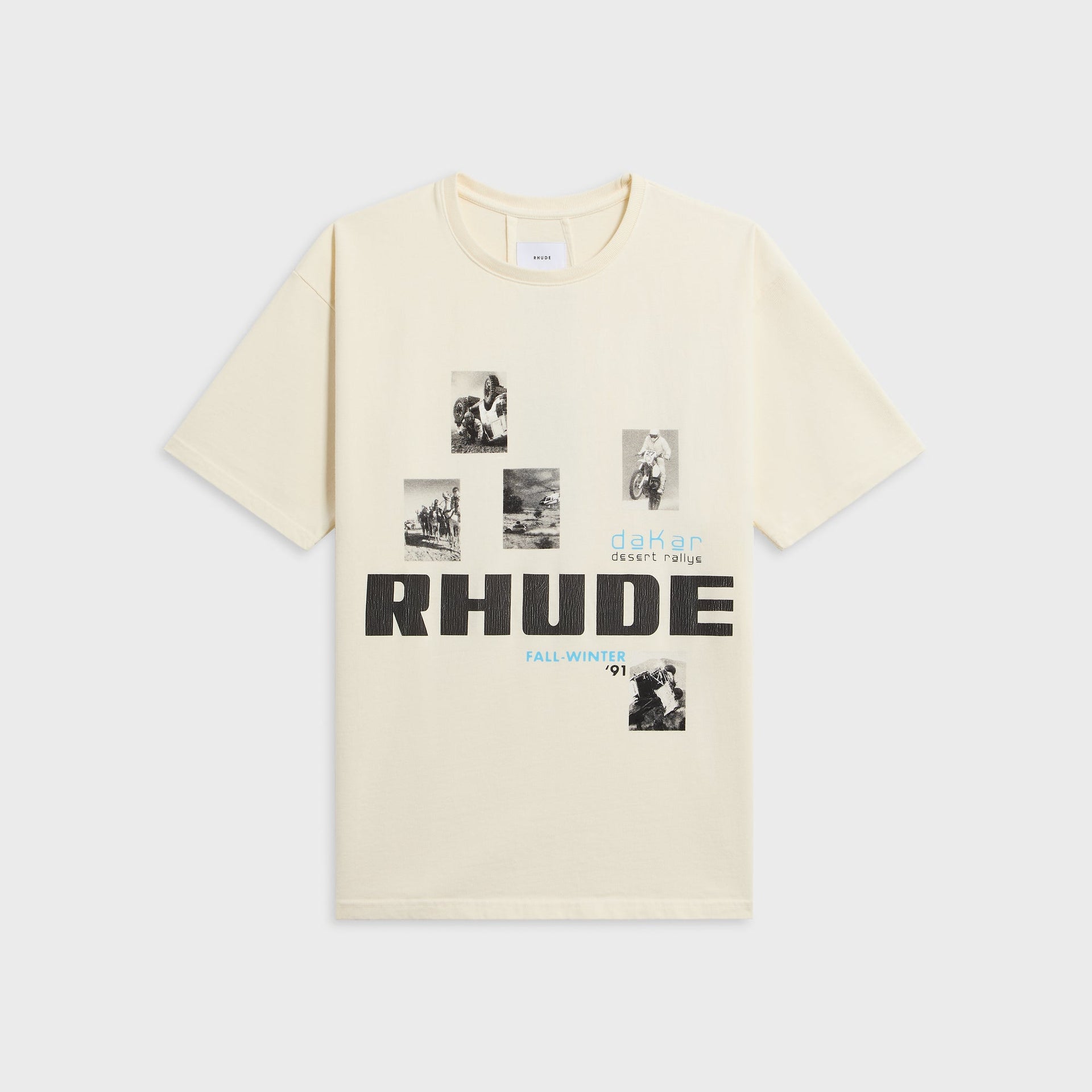 Rhude Winter 91 Rallye Tee, vintage white, front with Dakar rally photo collage and black RHUDE Fall-Winter 91