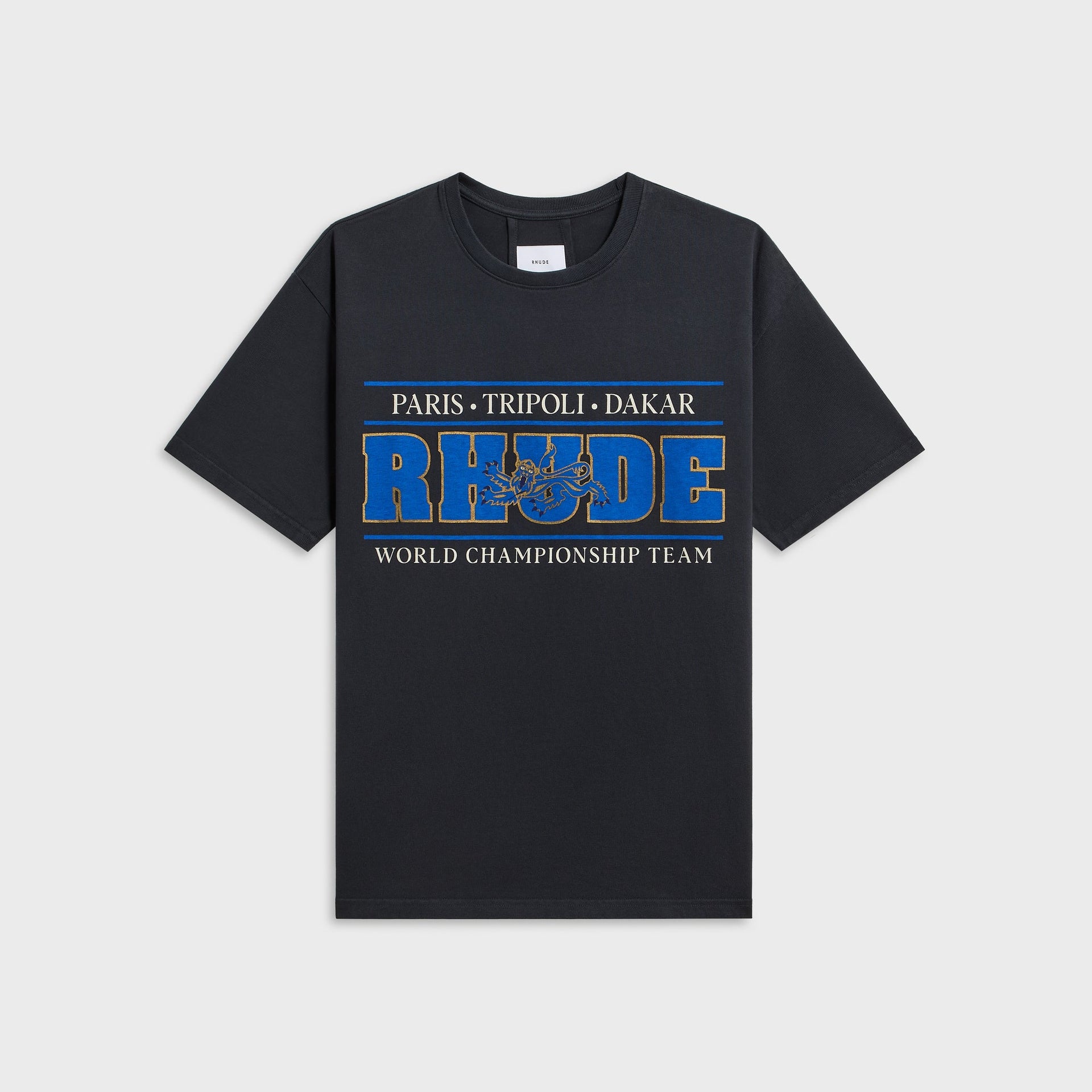 Rhude Chrono tee in vintage black, front with blue and gold Paris Tripoli Dakar World Championship Team graphic