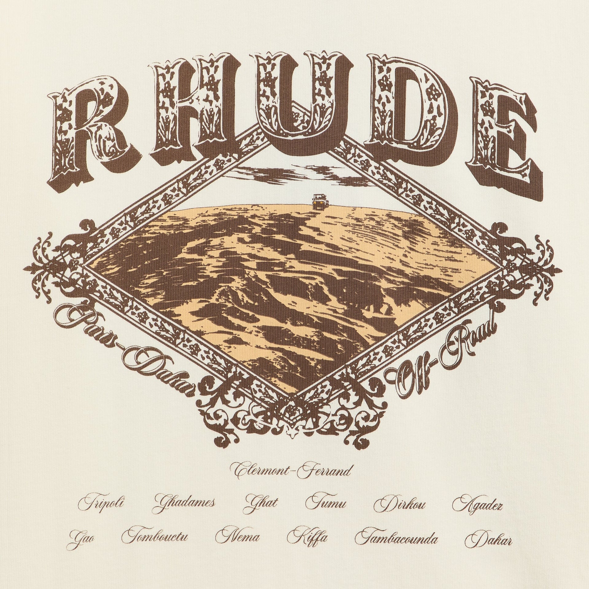 Rhude Dakar Convoy Tee detail, close-up of brown and tan RHUDE desert dune print with rally truck