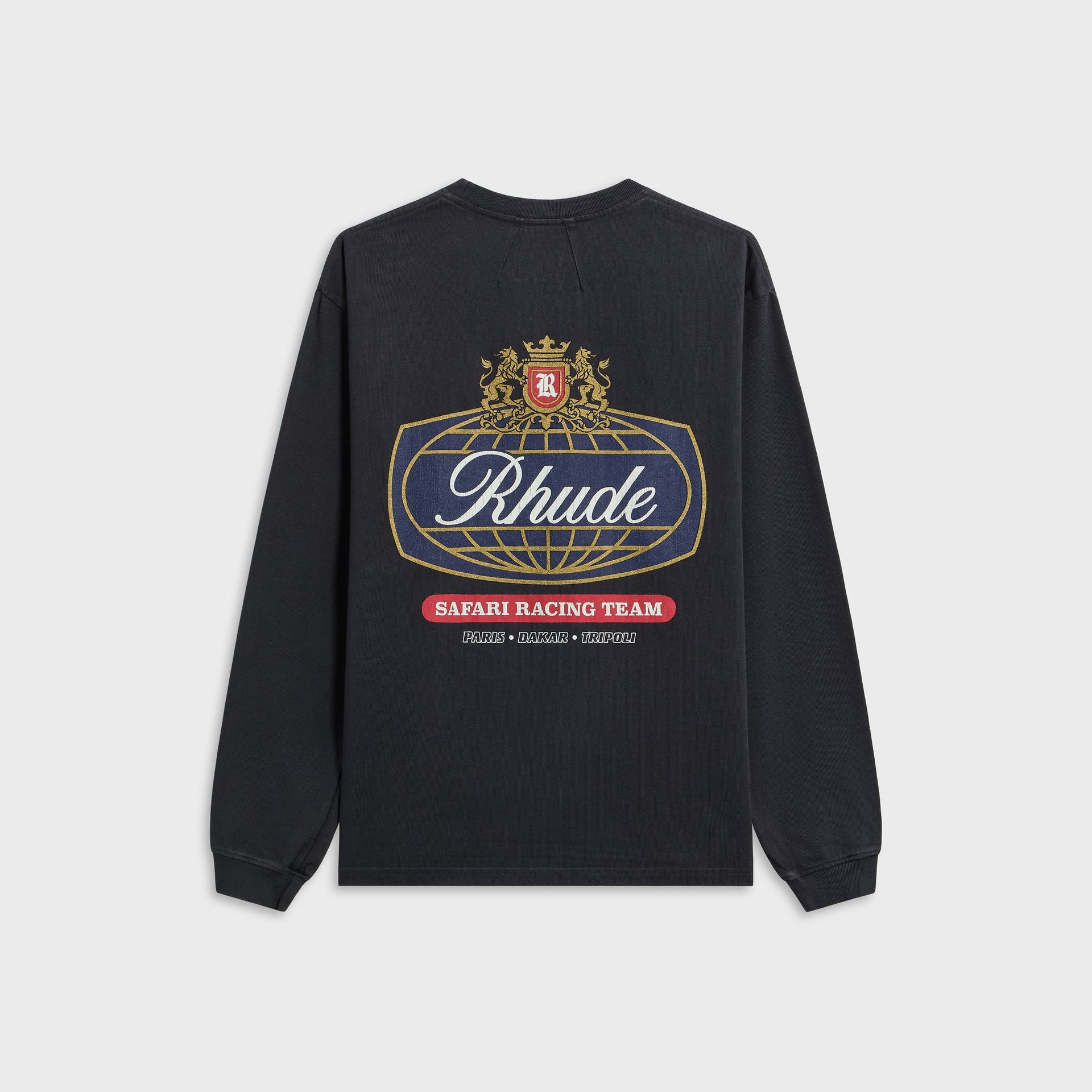 Rhude Safari Crest Long Sleeve Tee, black, back with navy gold globe crest, Rhude script, Safari Racing Team banner
