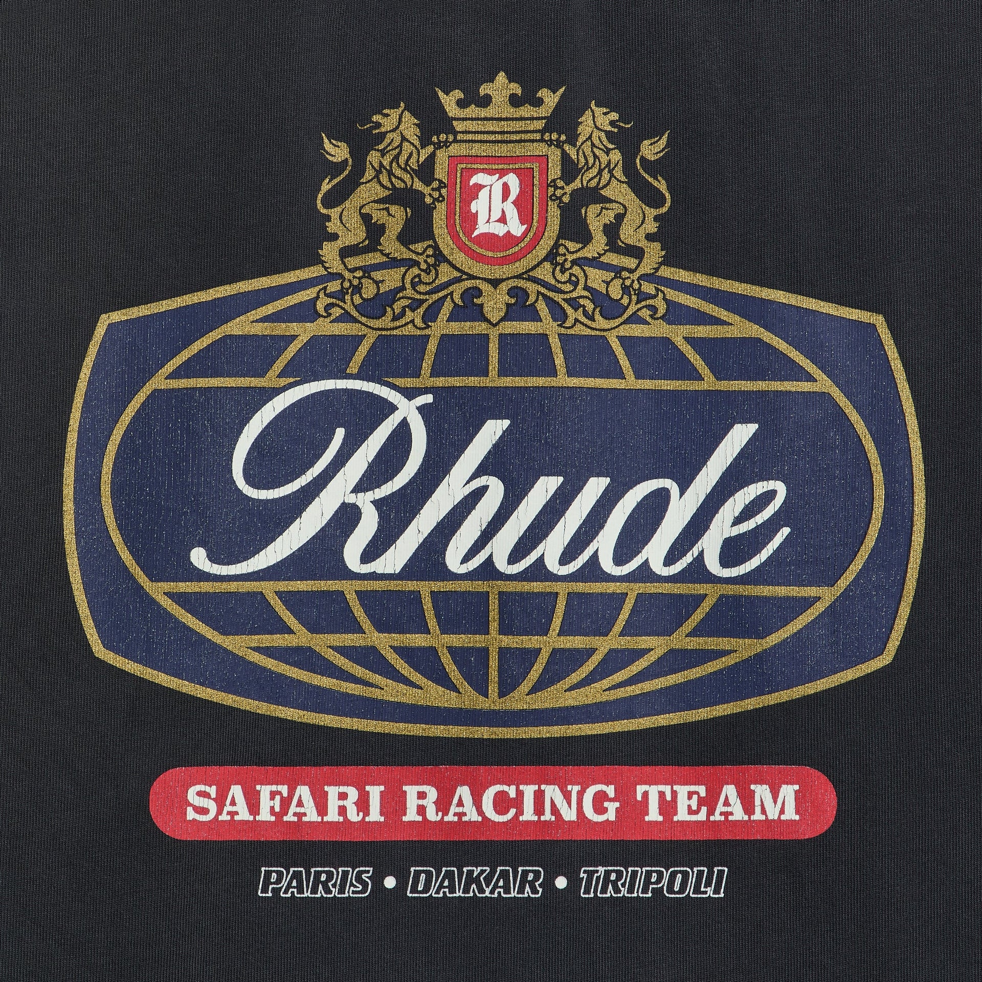 Rhude Safari Crest Tee detail, close-up of crest with lions, red shield, Rhude, Paris Dakar Tripoli