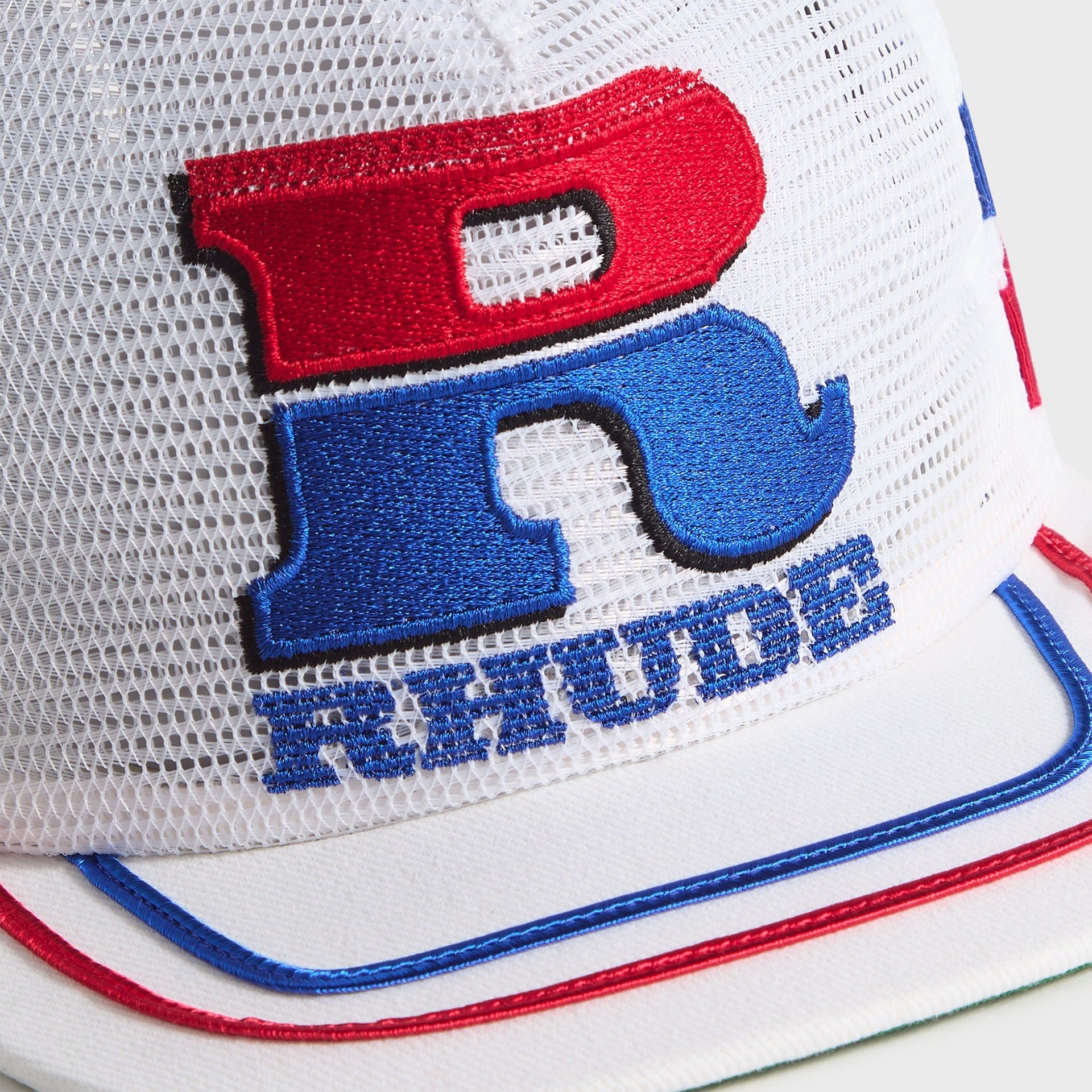 Rhude Split Petrol Logo Mesh Trucker Cap - White / Red / Blue