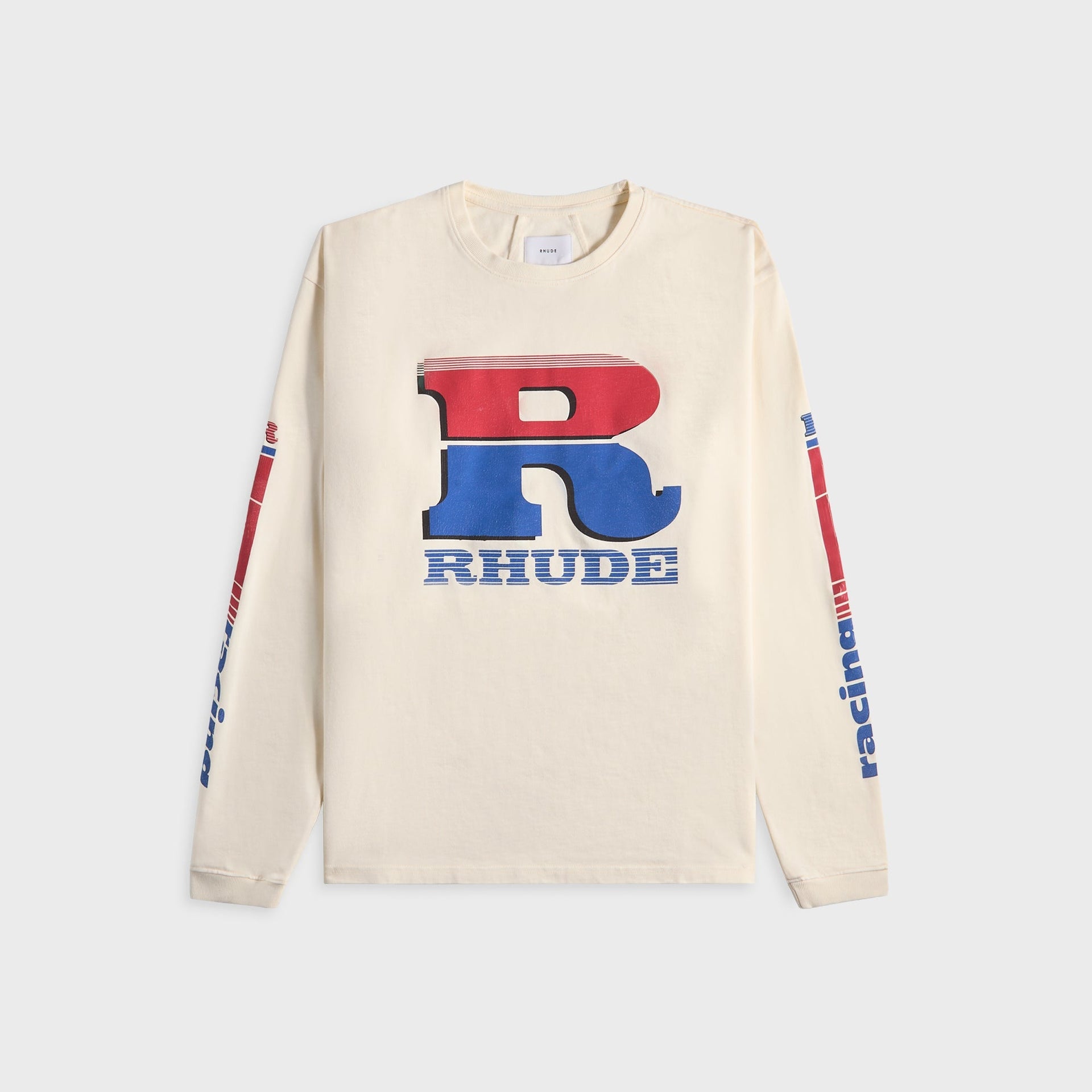 Rhude Split Petrol Logo Long Sleeve Tee - Vintage White / Red / Blue