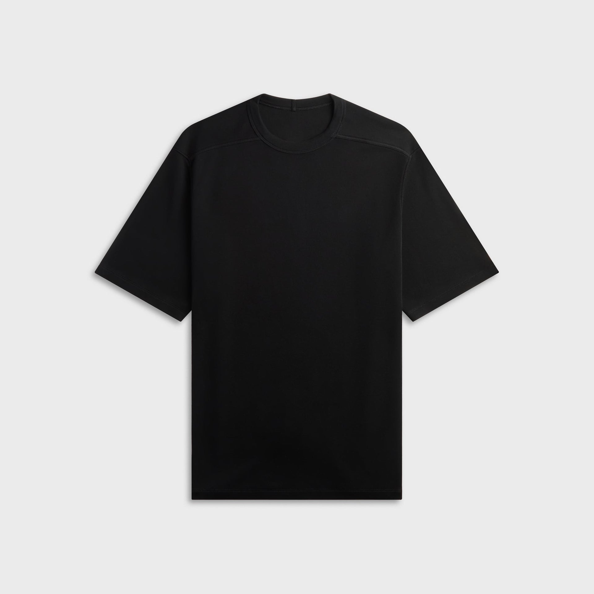 Rick Owens Brad black cotton jersey tee, front view, oversized fit with dropped shoulder seams, flat lay